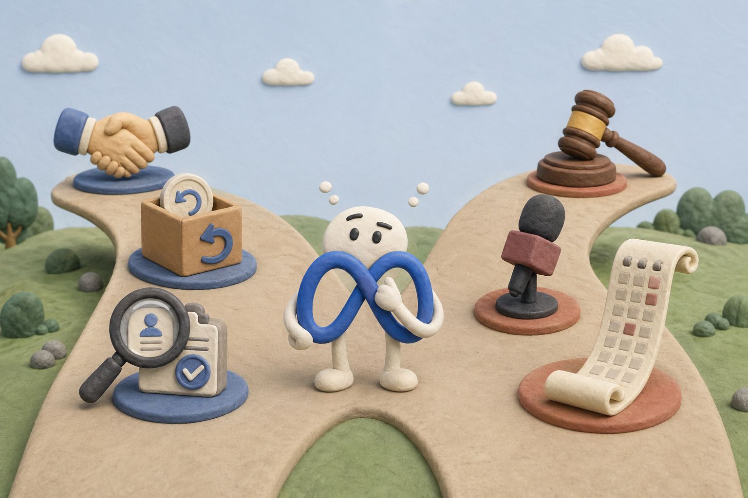 一处分岔路口，左路是握手、退款箱和第三方审计放大镜，右路是法庭锤、媒体话筒和拉长的日历卷轴，Meta小人站在路口犹豫，浅色背景的商业评论版橡皮泥平面信息图的统一风格。