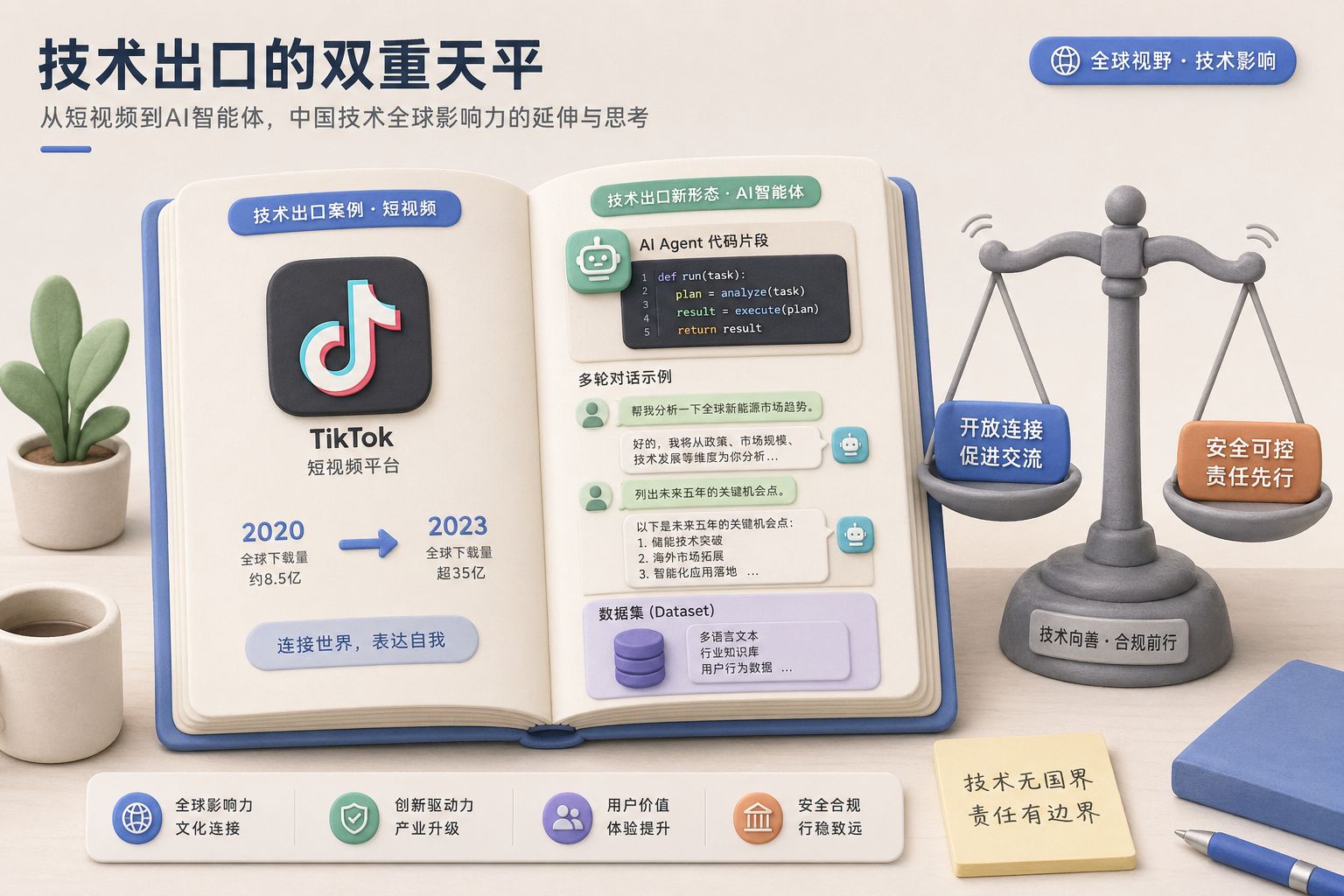 一本打开的技术出口目录放在桌面中央，左页是TikTok短视频图标和2020、2023年份标签，右页是AI agent代码块、中文对话气泡和数据集箱子，旁边有灰色天平摇摆，浅色背景的商业评论版橡皮泥平面信息图的统一风格。