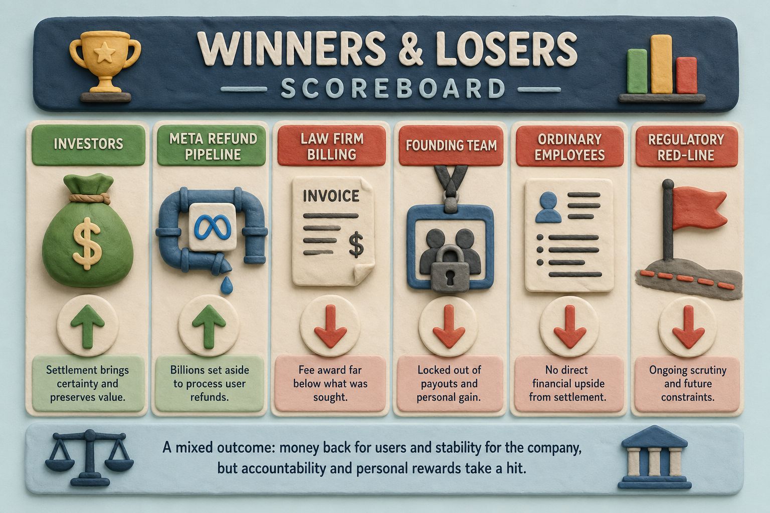一张赢家输家记分板，分栏摆着投资人钱袋、Meta退款管道、律所账单、创始团队被锁住的工牌、普通员工简历和监管红线旗帜，每个角色旁边有上升或下降的小箭头，浅色背景的商业评论版橡皮泥平面信息图的统一风格。