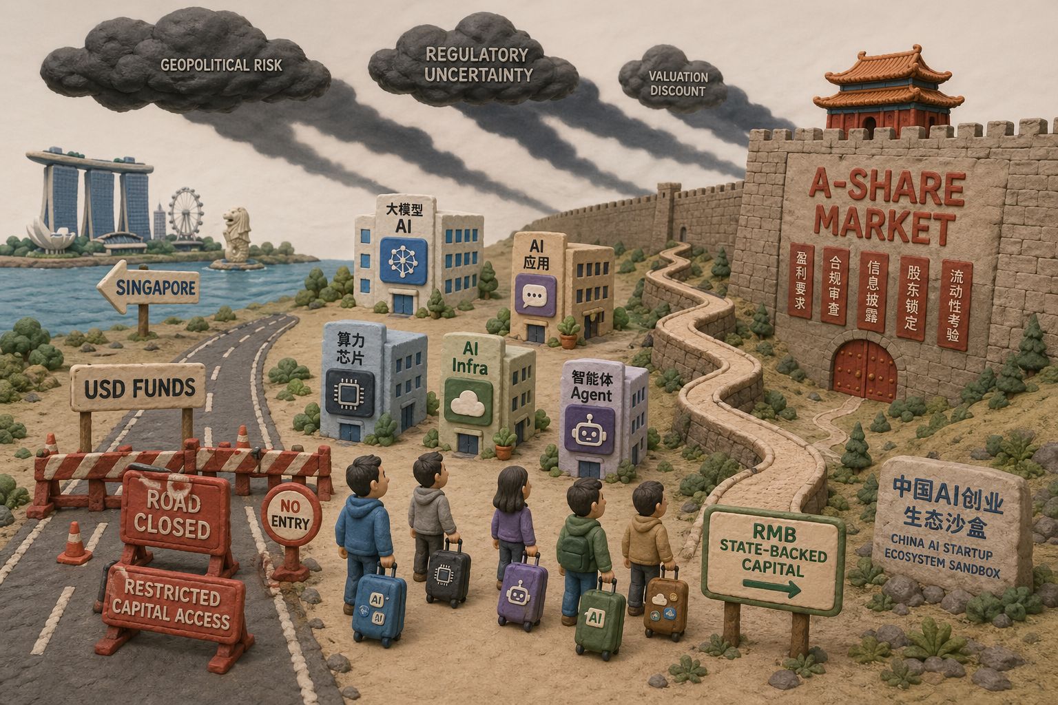 一片中国AI创业生态沙盘，美元基金道路被红色路障封住，人民币国资道路狭窄曲折通向A股高墙，几家AI初创小楼拖着行李箱望向新加坡方向，天空有长长的风险阴影，浅色背景的商业评论版橡皮泥平面信息图的统一风格。