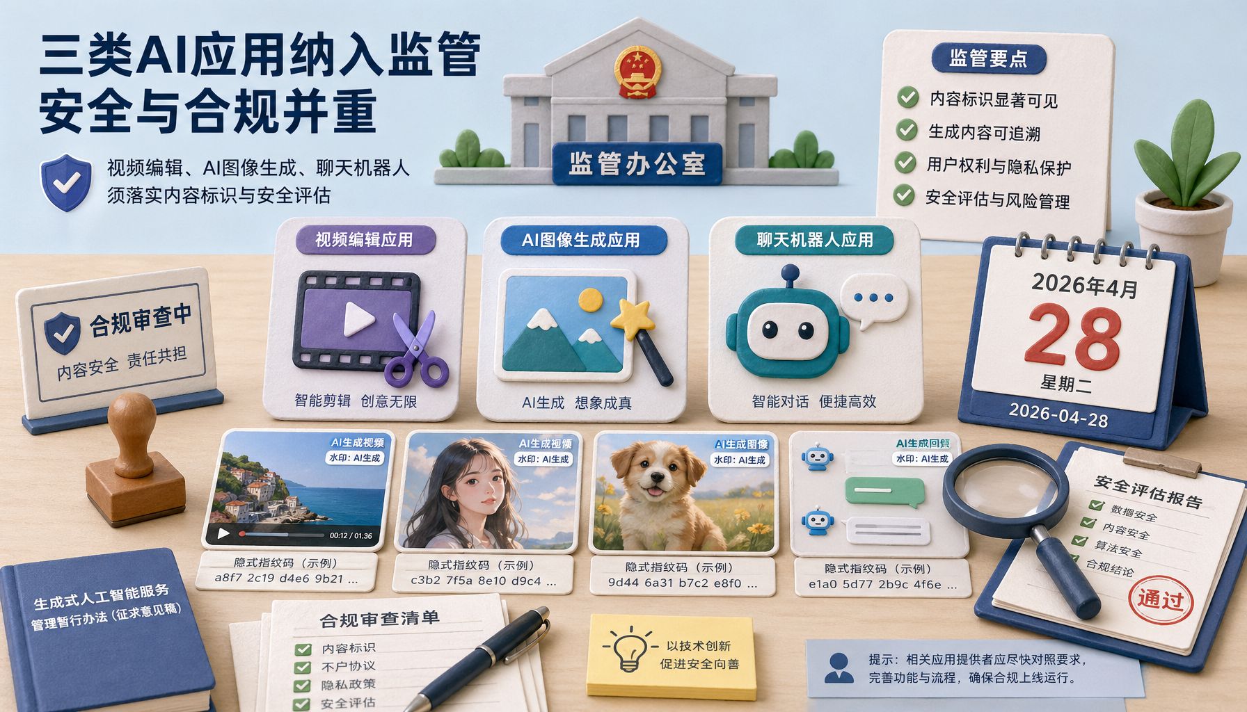 监管办公桌上摆着剪映、即梦、猫箱三个应用图标卡片，旁边有 AI 图片和视频缩略图、可见水印小标签、隐藏指纹代码线和放大镜，日历标出 2026 年 4 月 28 日，浅色背景的商业评论版橡皮泥平面信息图的统一风格。
