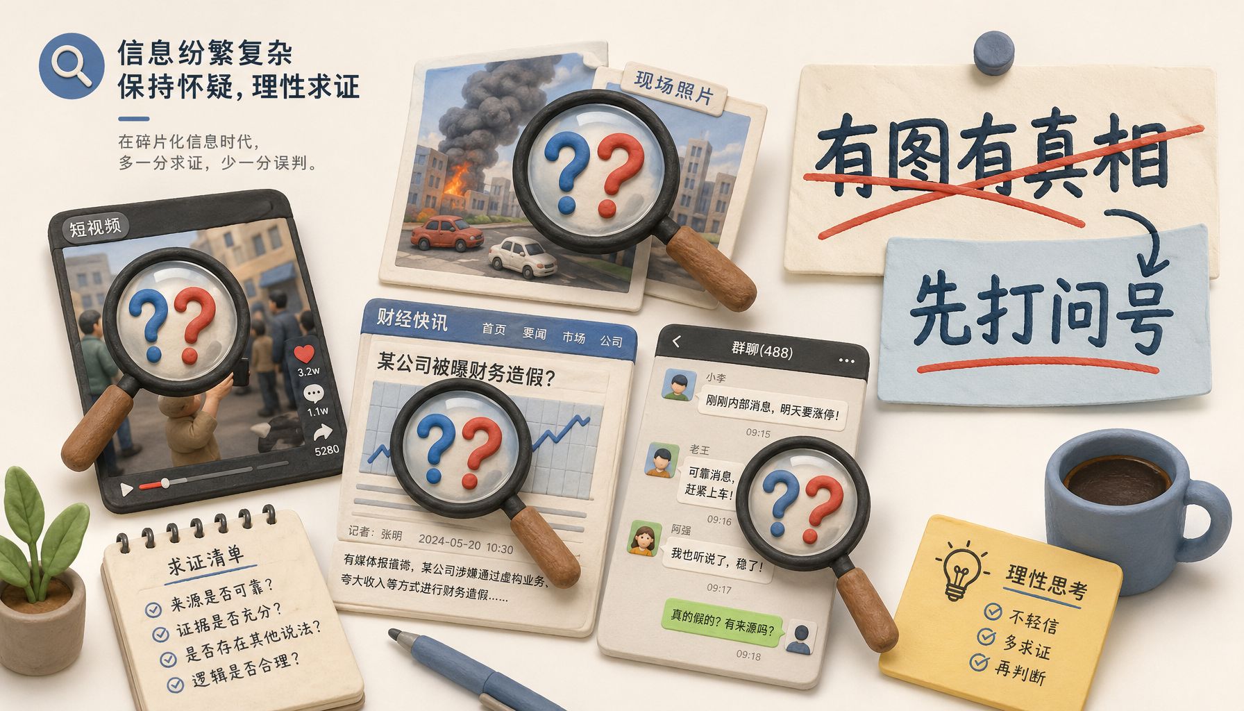 桌面上散落着照片、短视频缩略图、新闻截图和聊天记录，放大镜下每张图都同时出现真假问号，旁边“有图有真相”字样被划掉并换成“先打问号”，浅色背景的商业评论版橡皮泥平面信息图的统一风格。