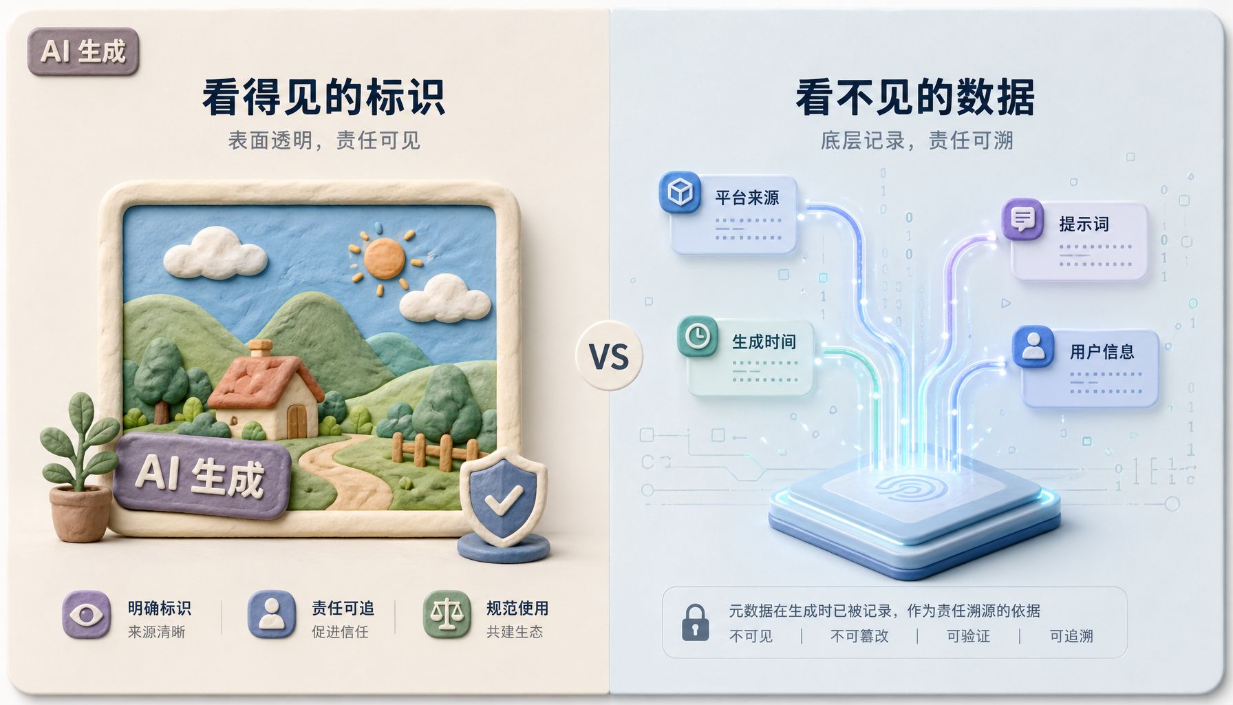 一张 AI 生成图片卡片被分成左右两半，左侧角落有肉眼可见的“AI 生成”水印标签，右侧表面干净但背后浮出一串平台、时间、提示词和用户信息的指纹数据线，浅色背景的商业评论版橡皮泥平面信息图的统一风格。
