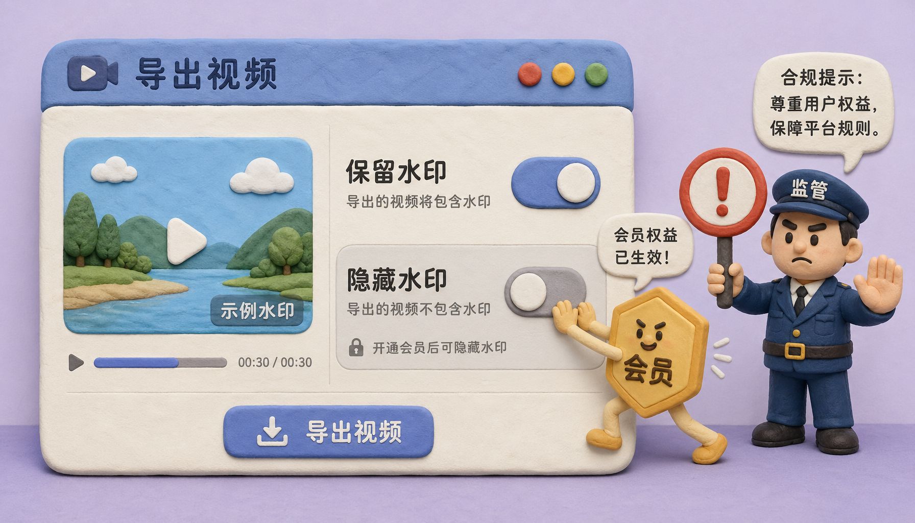 视频导出界面里有“保留水印”和“隐藏水印”两个开关，旁边站着拿警示牌的监管人物，付费会员徽章把水印按钮推到关闭状态，浅色背景的商业评论版橡皮泥平面信息图的统一风格。