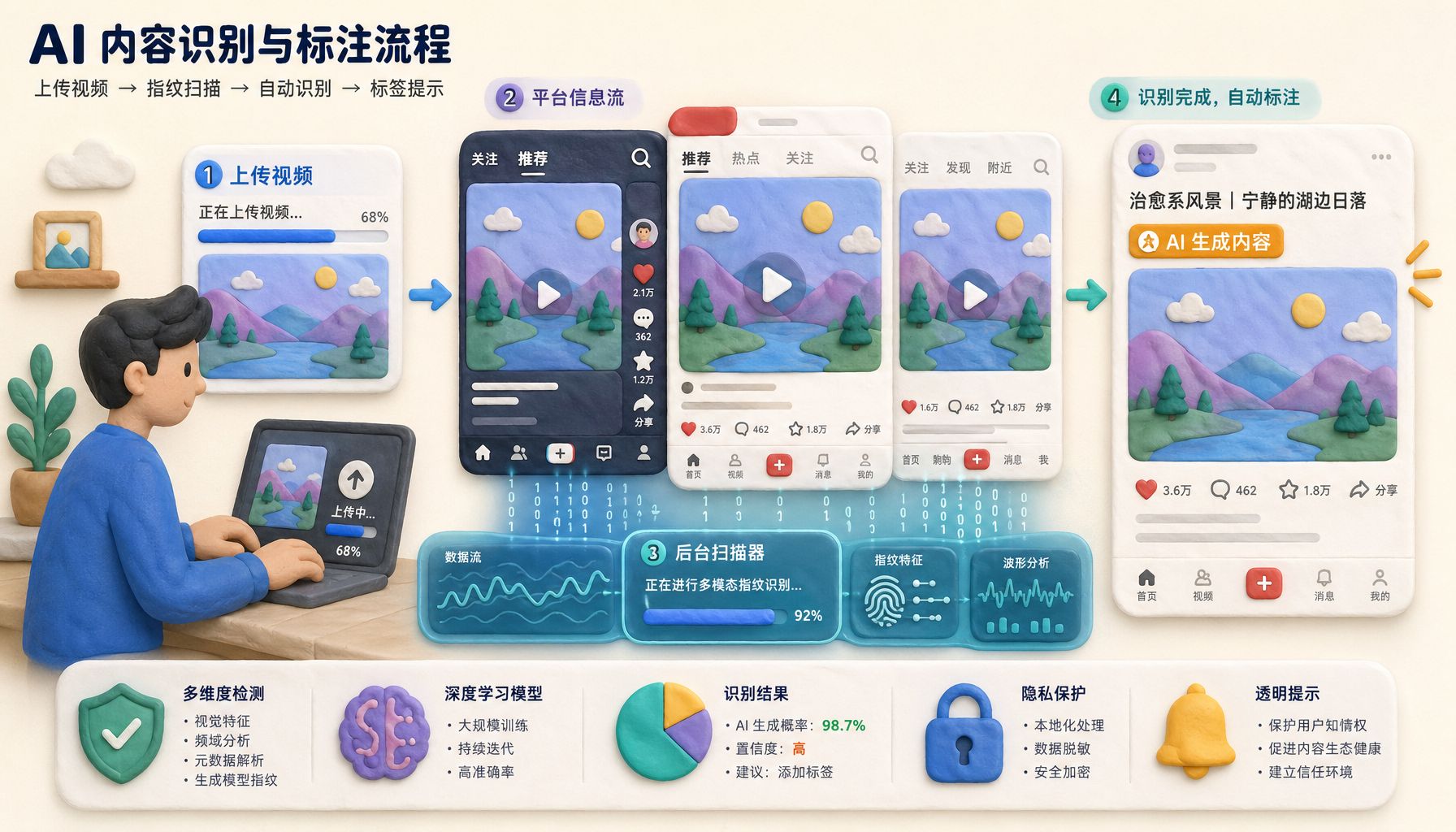 一个社交媒体信息流界面正在接收用户上传的视频，后台扫描器读取隐藏指纹后，在帖子标题旁自动贴上“AI 生成内容”小标签，周围有抖音、头条、小红书式平台卡片，浅色背景的商业评论版橡皮泥平面信息图的统一风格。