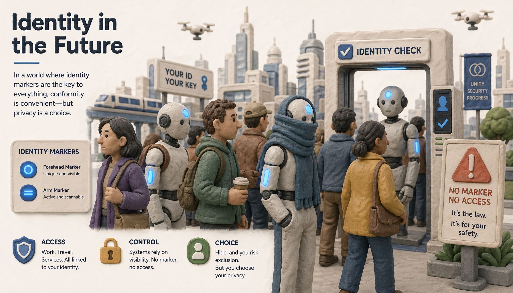 未来城市人群中站着几个外形接近人类的机器人，额头和手臂上亮着身份标识灯，一名机器人用围巾遮住标记，旁边有身份检查闸机和警示牌，浅色背景的商业评论版橡皮泥平面信息图的统一风格。