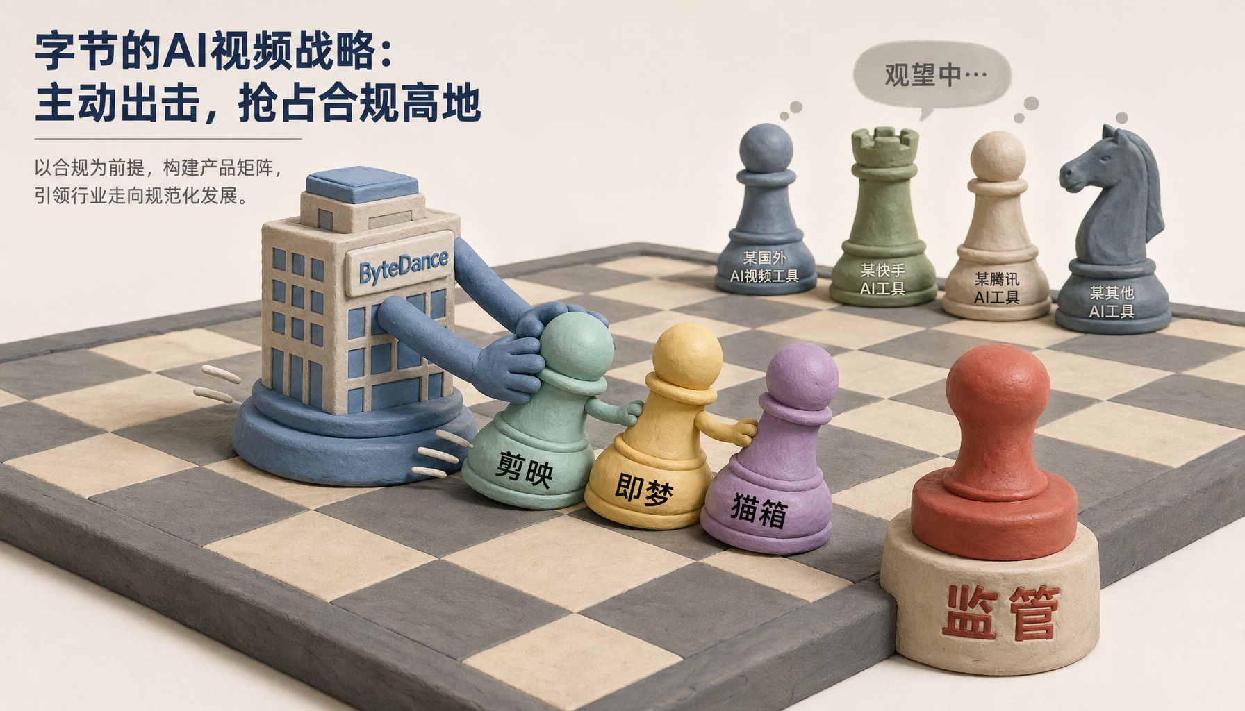 一张商业棋盘上，字节跳动大楼模型主动把剪映、即梦、猫箱三枚棋子推到监管印章前，远处有其他 AI 视频工具棋子正在观望，浅色背景的商业评论版橡皮泥平面信息图的统一风格。