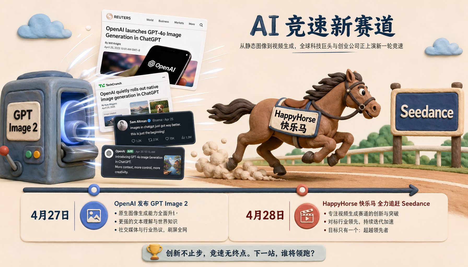 一条 4 月 27 日到 4 月 28 日的时间轴上，左侧是逼真的新闻截图和聊天截图从 GPT Image 2 机器里飞出，右侧是写着 HappyHorse 快乐马的赛马模型追赶 Seedance 赛道牌，浅色背景的商业评论版橡皮泥平面信息图的统一风格。