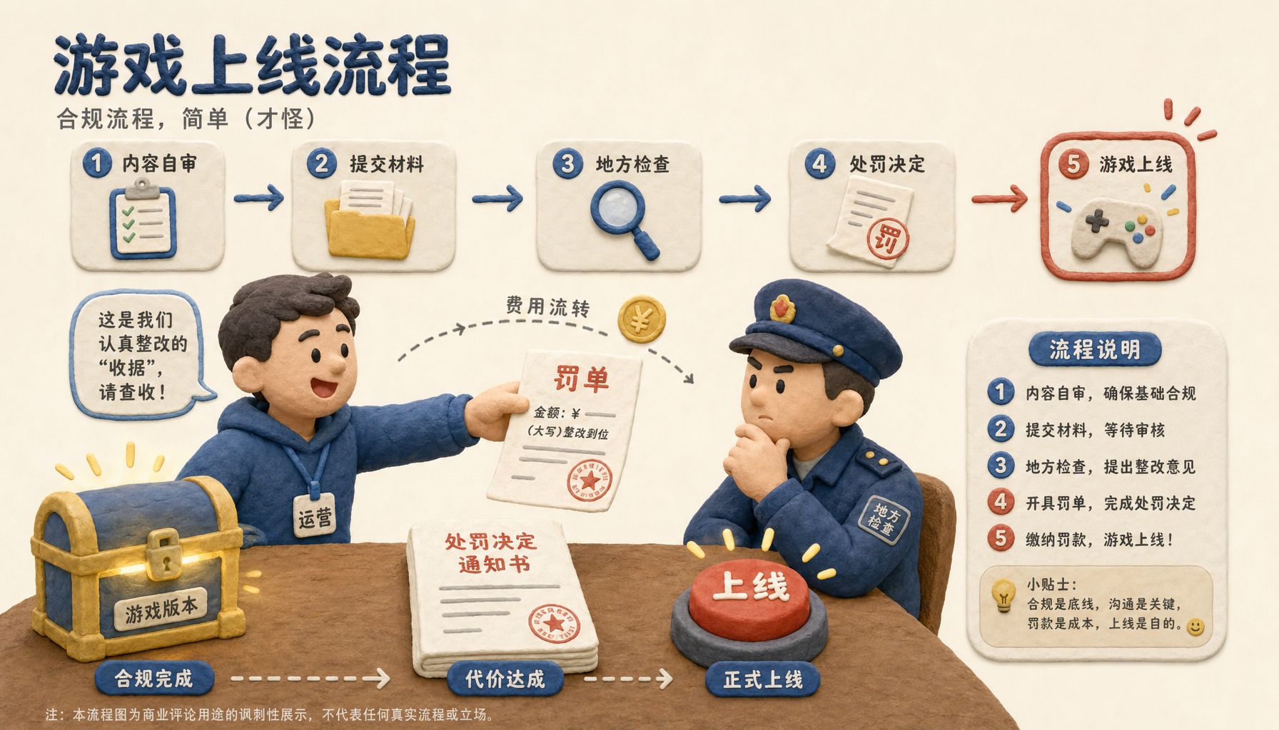 游戏上线流程桌面上放着发光宝箱、处罚决定通知书和一个红色上线按钮，运营人员把罚单当作收据递给地方检查人员，浅色背景的商业评论版橡皮泥平面信息图的统一风格。