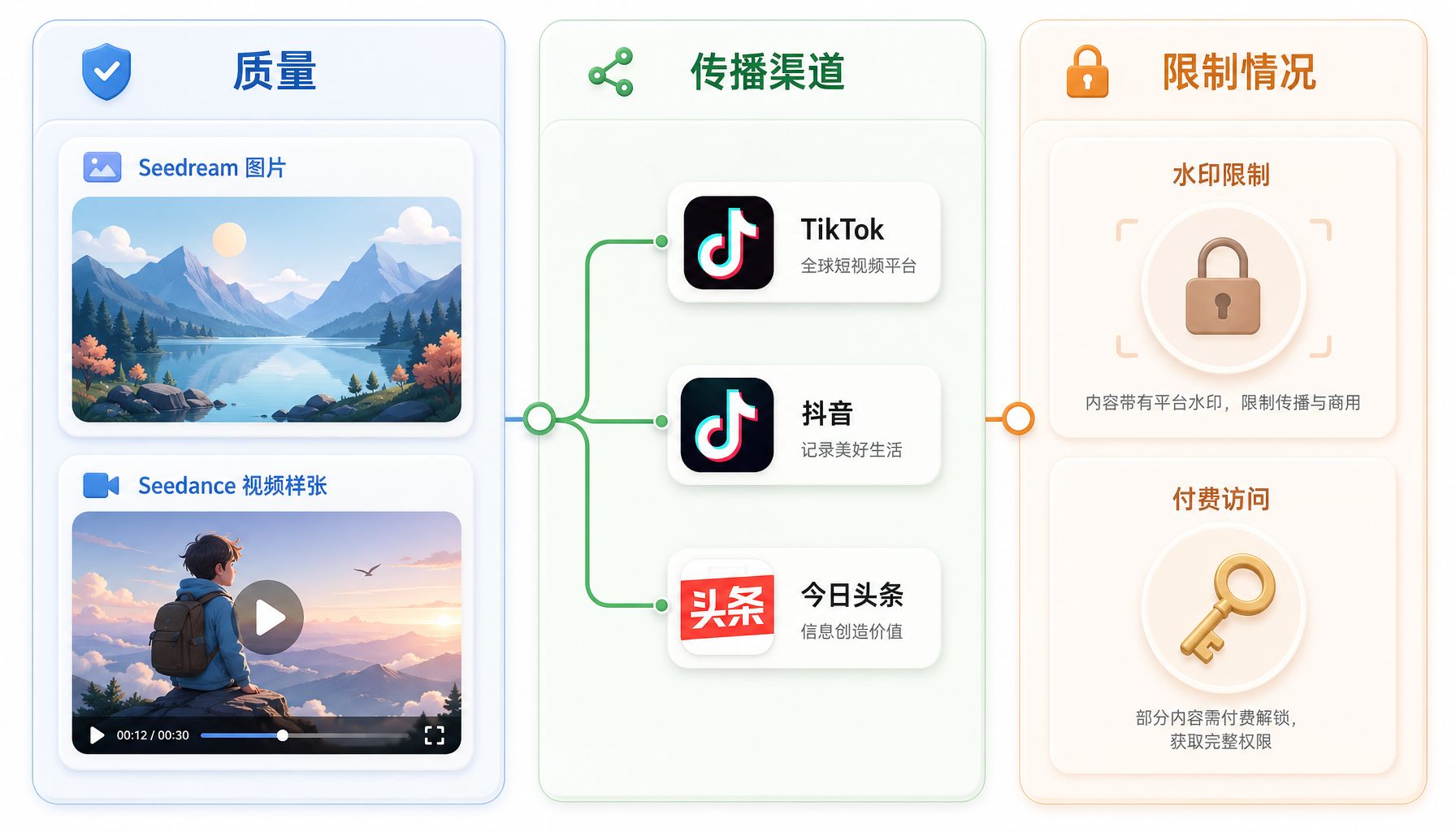 一个三栏商业仪表盘分别写着质量、传播渠道、限制情况，质量栏有 Seedream 图片和 Seedance 视频样张，渠道栏连着 TikTok、抖音、今日头条图标，限制栏有水印锁和付费钥匙，浅色背景的商业评论版橡皮泥平面信息图的统一风格。