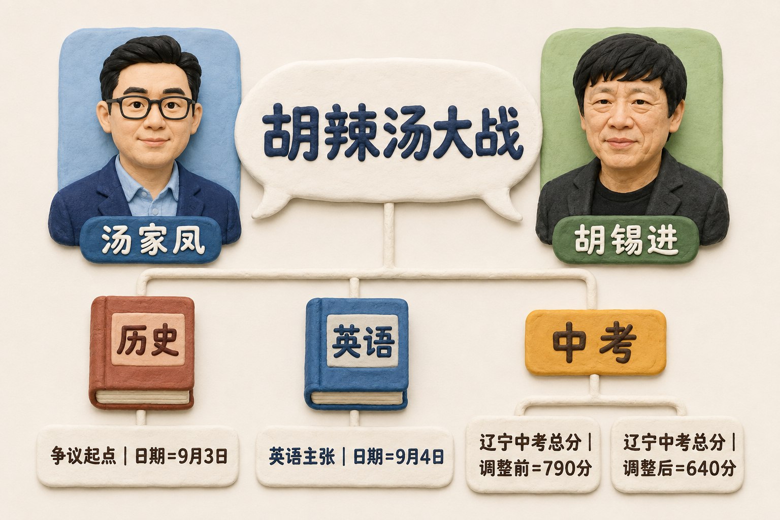 汤家凤与胡锡进分列画面左右，中间是一只标有“胡辣汤大战”的对话气泡；下方以历史课本、英语课本和中考分数条组成争议关系图