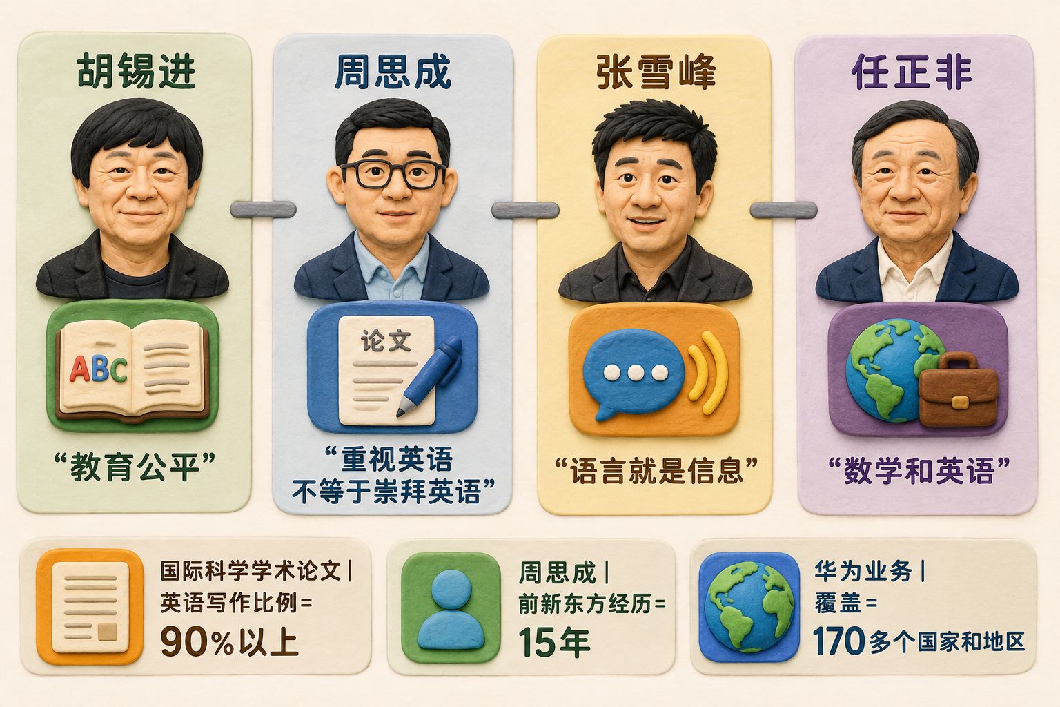 四位人物观点卡横向排列，胡锡进、周思成、张雪峰、任正非分别与英语课本、论文、信息和国际业务图标对应，卡片之间用并列关系线连接；可见事实元素：胡锡进“教育公平”、周思成“重视英语不等于崇拜英语”、张雪峰“语言就是信息”、任正非“数学和英语”