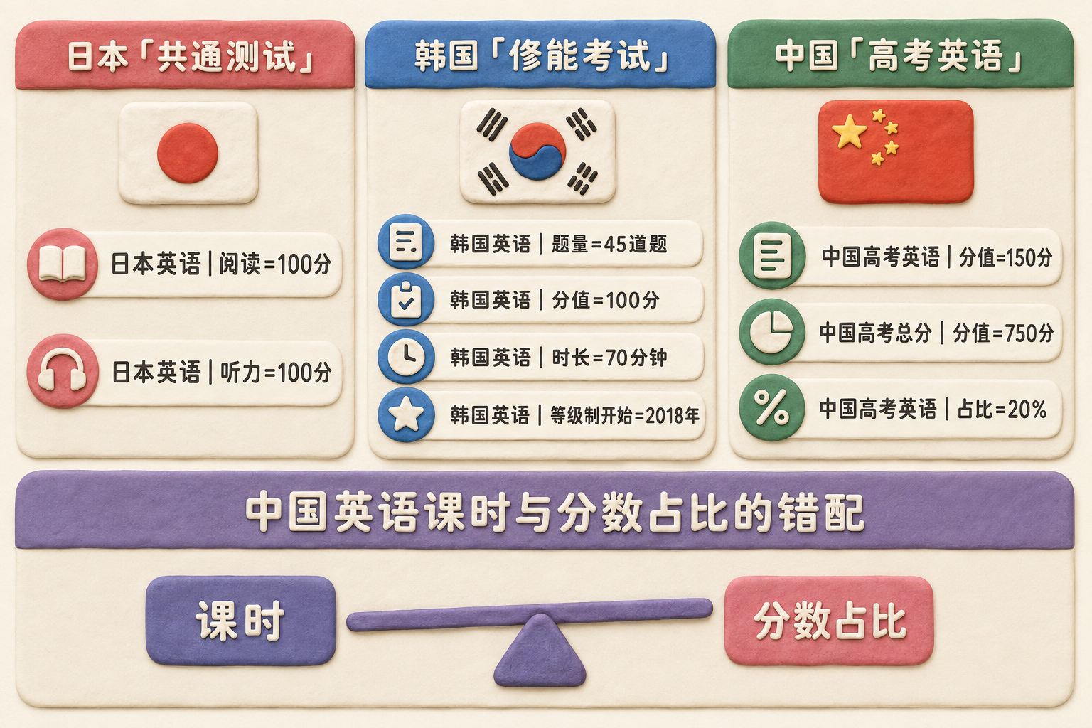 中日韩英语考试并列对比图，左侧日本“共通测试”，中间韩国“修能考试”，右侧中国高考英语；下方单独呈现中国英语课时与分数占比的错配，不混用不同口径