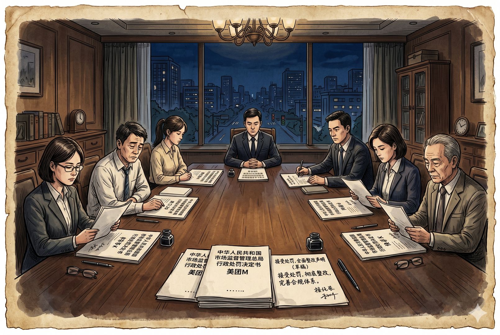 七家平台代表坐在长桌前沉默阅读处罚决定书，桌上没有申诉文件，只有“接受处罚、整改”的声明草稿，窗外是沉静的城市夜色，气氛克制而压抑，羊皮纸，钢笔彩色手绘的统一风格。