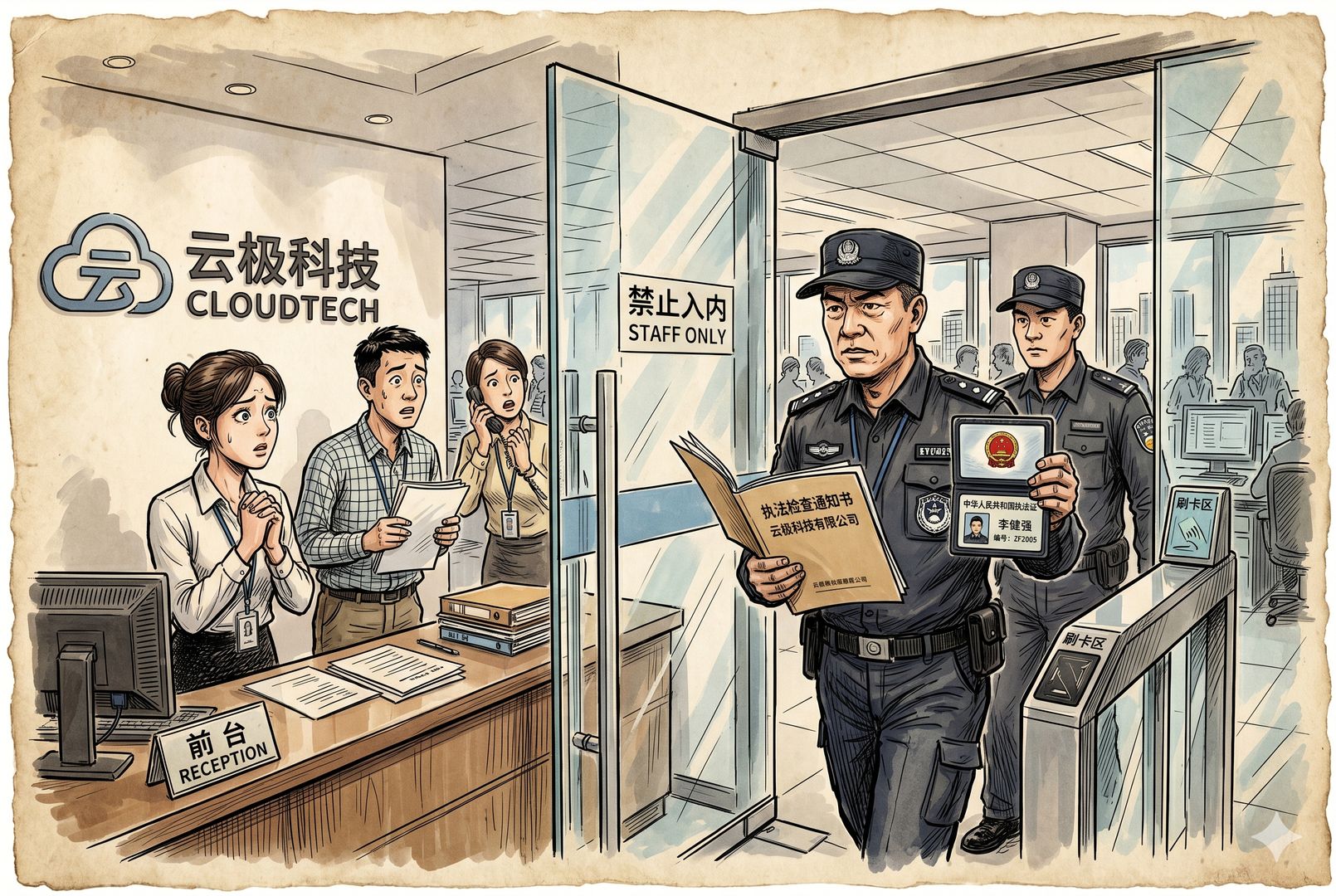执法人员进入大型互联网公司前台调查的瞬间，门禁玻璃门半开，文件夹与执法证清晰可见，企业员工神情紧张，现场气氛凝固，羊皮纸，钢笔彩色手绘的统一风格。