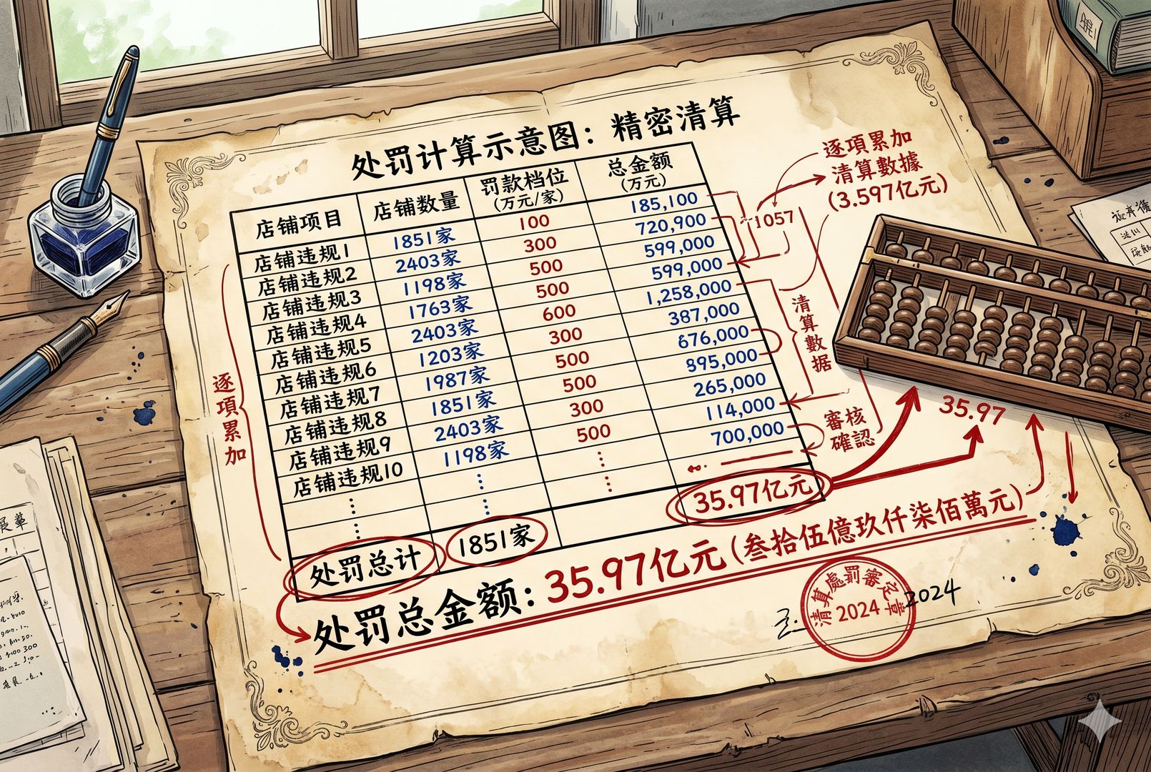 一张摊开的处罚计算示意图，表格里按店铺数量、罚款档位和总金额逐项累加，算盘、印章和红线标注出35.97亿元的结果，视觉上像一场精密清算，羊皮纸，钢笔彩色手绘的统一风格。