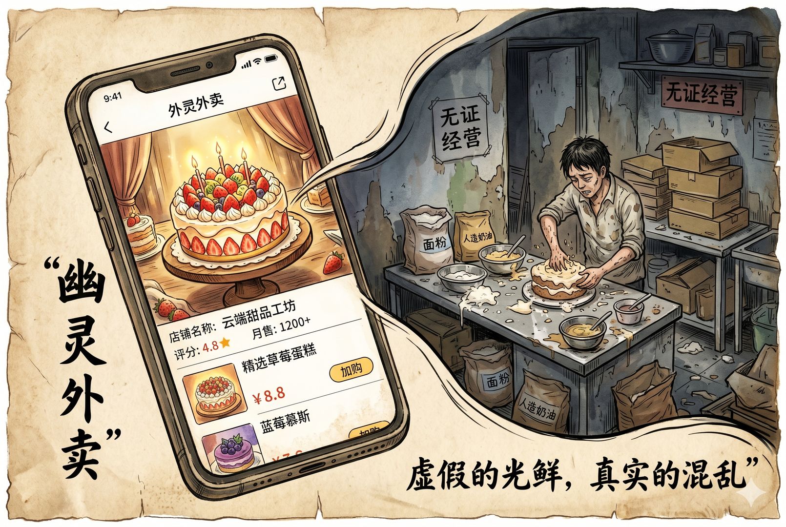 手机外卖页面上展示着精致明亮的蛋糕店铺照片，画面另一侧却是阴暗杂乱的小作坊后厨，奶油、纸盒和无证操作台形成强烈反差，直观表现“幽灵外卖”，羊皮纸，钢笔彩色手绘的统一风格。
