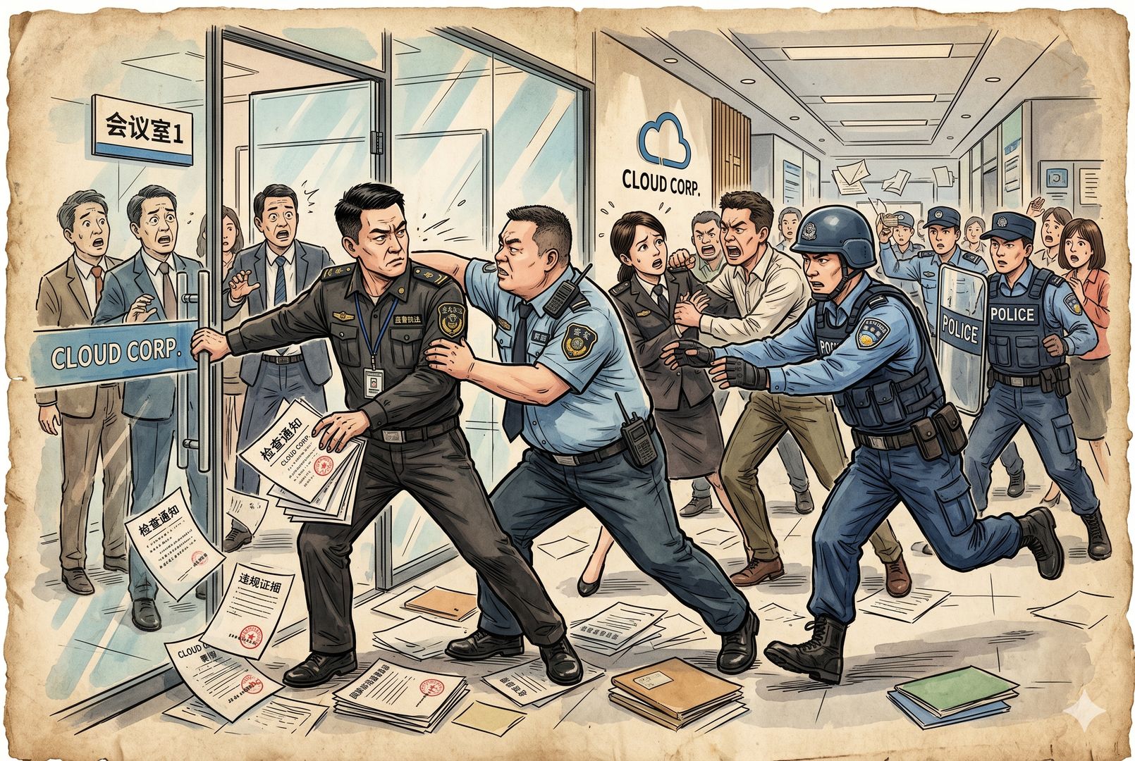 一间互联网公司会议室门口爆发冲突的紧张场面，执法人员被阻拦，文件散落，警方赶到控制局面，人物动作凝固在强烈戏剧瞬间，羊皮纸，钢笔彩色手绘的统一风格。