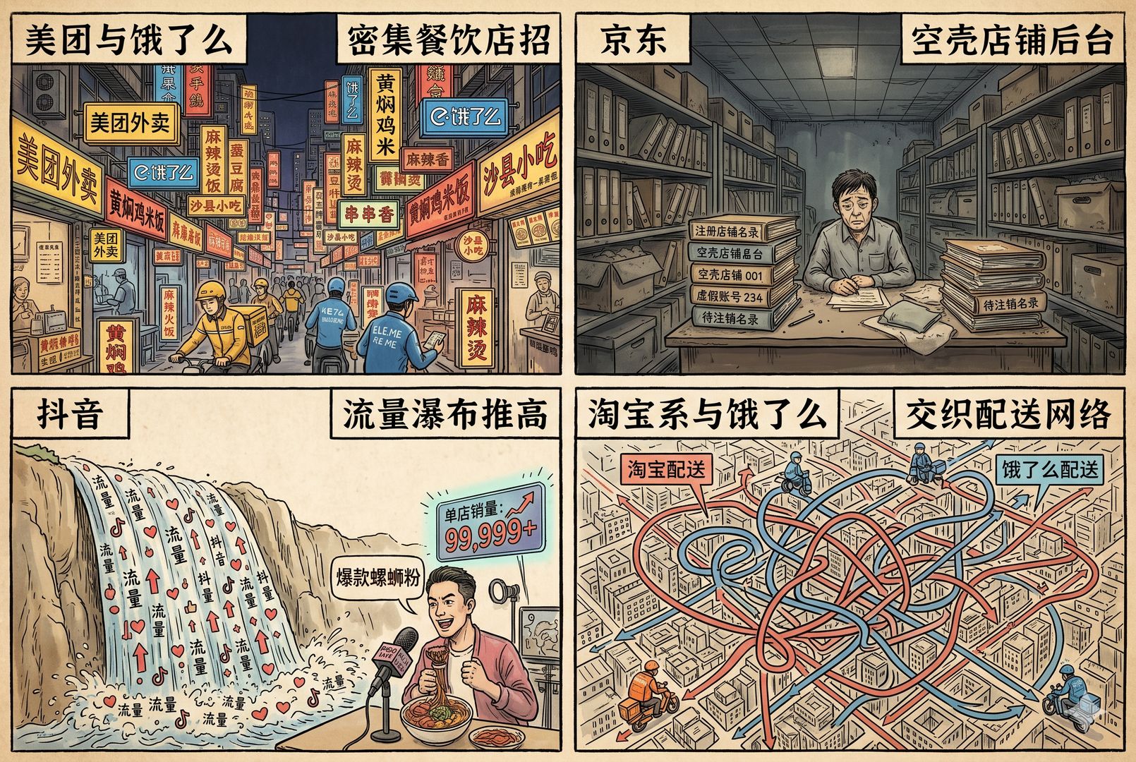 四格对照式画面，美团与饿了么的密集餐饮店招、京东堆满空壳店铺名录的后台、抖音流量瀑布推高单店销量、淘宝系与饿了么业务交织的配送网络，各自问题一目了然，羊皮纸，钢笔彩色手绘的统一风格。