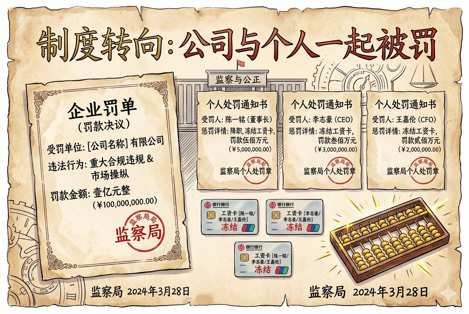 一张企业罚单与几张写着高管姓名的个人处罚通知并排摆放，金色算盘珠和工资卡放在旁边，突出“公司与个人一起被罚”的制度转向，羊皮纸，钢笔彩色手绘的统一风格。