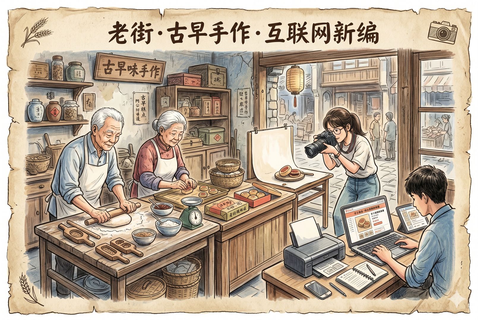 老街角一家朴素蛋糕小店里，白发阿公阿婆在手工制作点心，另一侧是年轻运营人员帮他们拍照、上架、设计包装，传统手艺与互联网工具并置，羊皮纸，钢笔彩色手绘的统一风格。