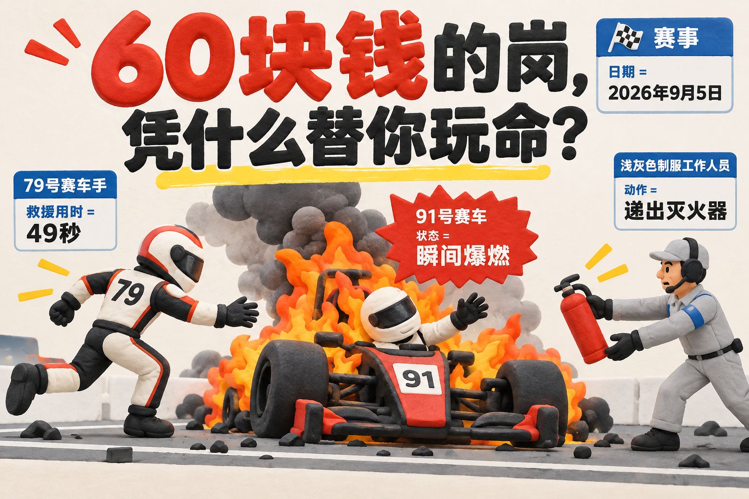 封面采用左右对峙构图,中央是燃烧的91号赛车座舱,左侧79号赛车手冲向火场并救人,右侧浅灰色制服工作人员递出灭火器,以醒目的“60块钱的岗,凭什么替你玩命?”作为核心议题;可见事实元素:数据:赛事|日期=2026年9月5日