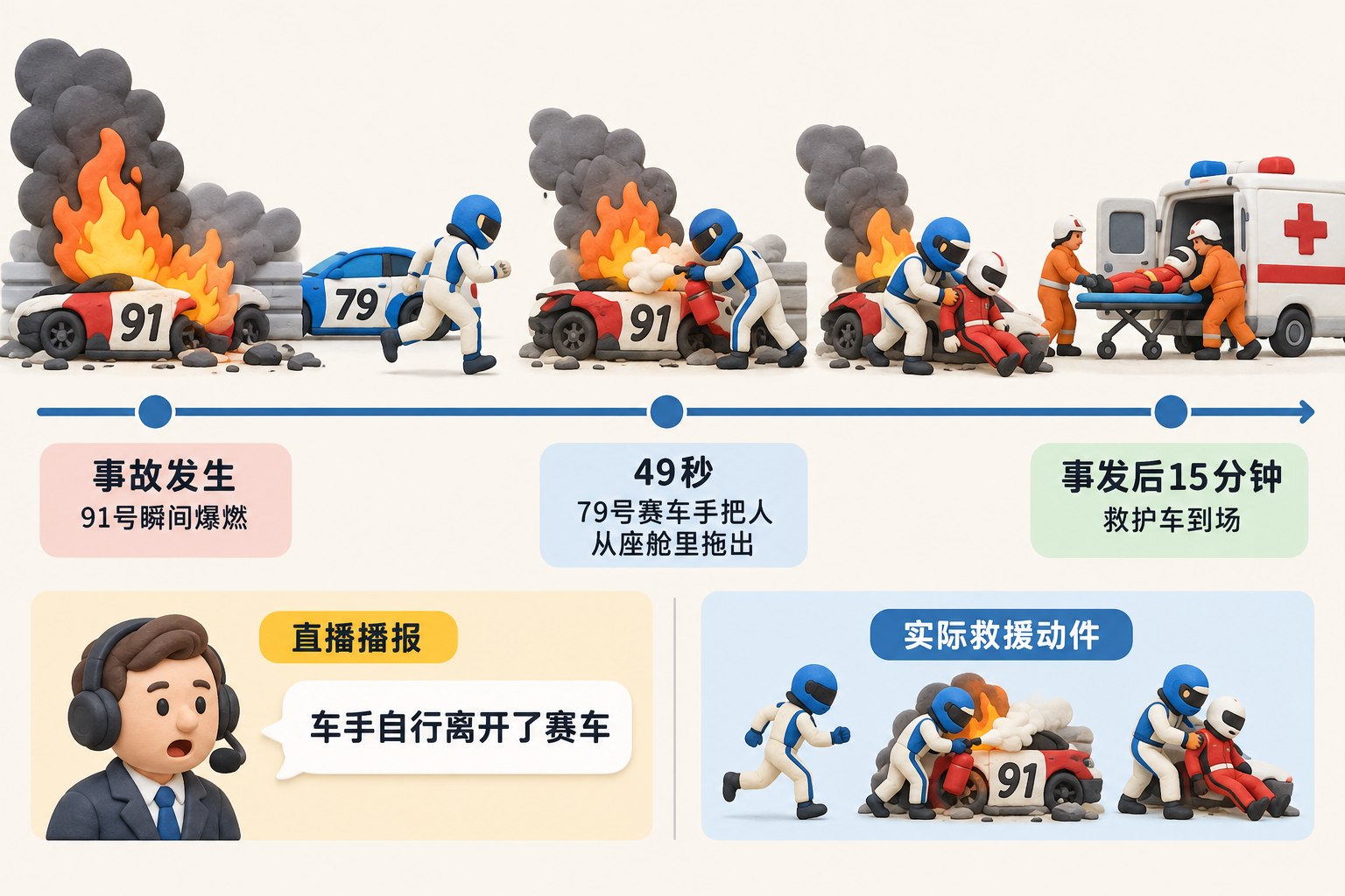 横向时间轴展示事故后救援过程,左端为91号赛车爆燃,中段为79号赛车手停车、下车、冲向火场并用灭火器压住座舱火焰,右端为车手被拖出以及救护车到场;将“车手自行离开了赛车”的直播说法与实际救援动作并列区分