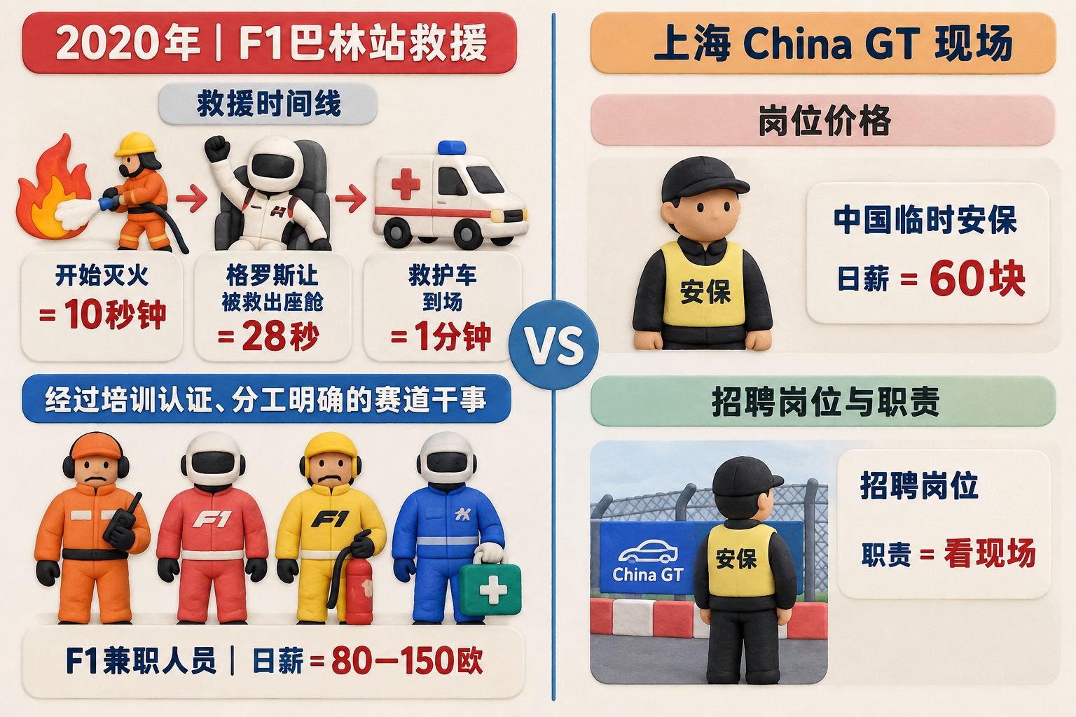 双栏对比信息图,左栏展示2020年F1巴林站的救援时间线与经过培训认证、分工明确的赛道干事,右栏展示上海China GT现场的岗位价格和职责,把“外包”与“培训、认证、职责”分开比较;可见事实元素:节点:2020年|F1巴林站救援