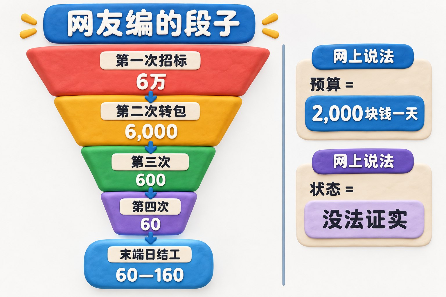 漏斗式外包链信息图,上方明确标注“网友编的段子”,依次向下排列第一次招标、第二次转包、第三次、第四次,并在旁边单列“网上说法,没法证实”和末端日结工区间,避免把不同口径混为已确认事实;可见事实元素:数据:网友编的段子|第一次招标=6万
