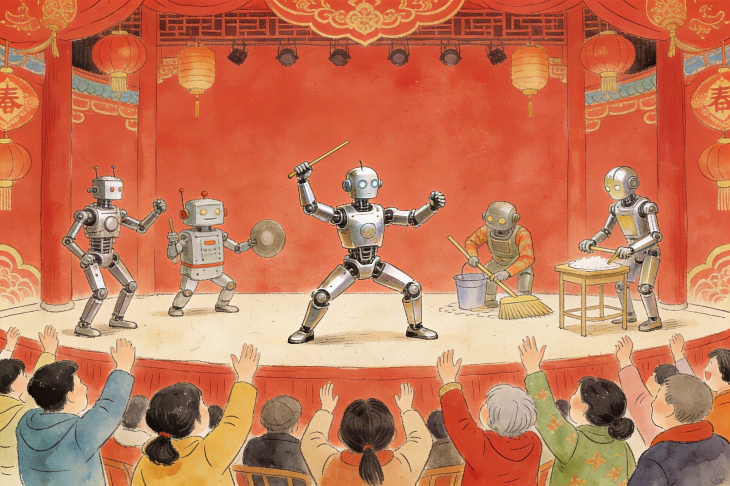 一个热闹的春节传统舞台上，几台不同形态的金属机器人正在表演武术和做家务，台下观众热烈欢呼，羊皮纸，钢笔彩色手绘的统一风格。