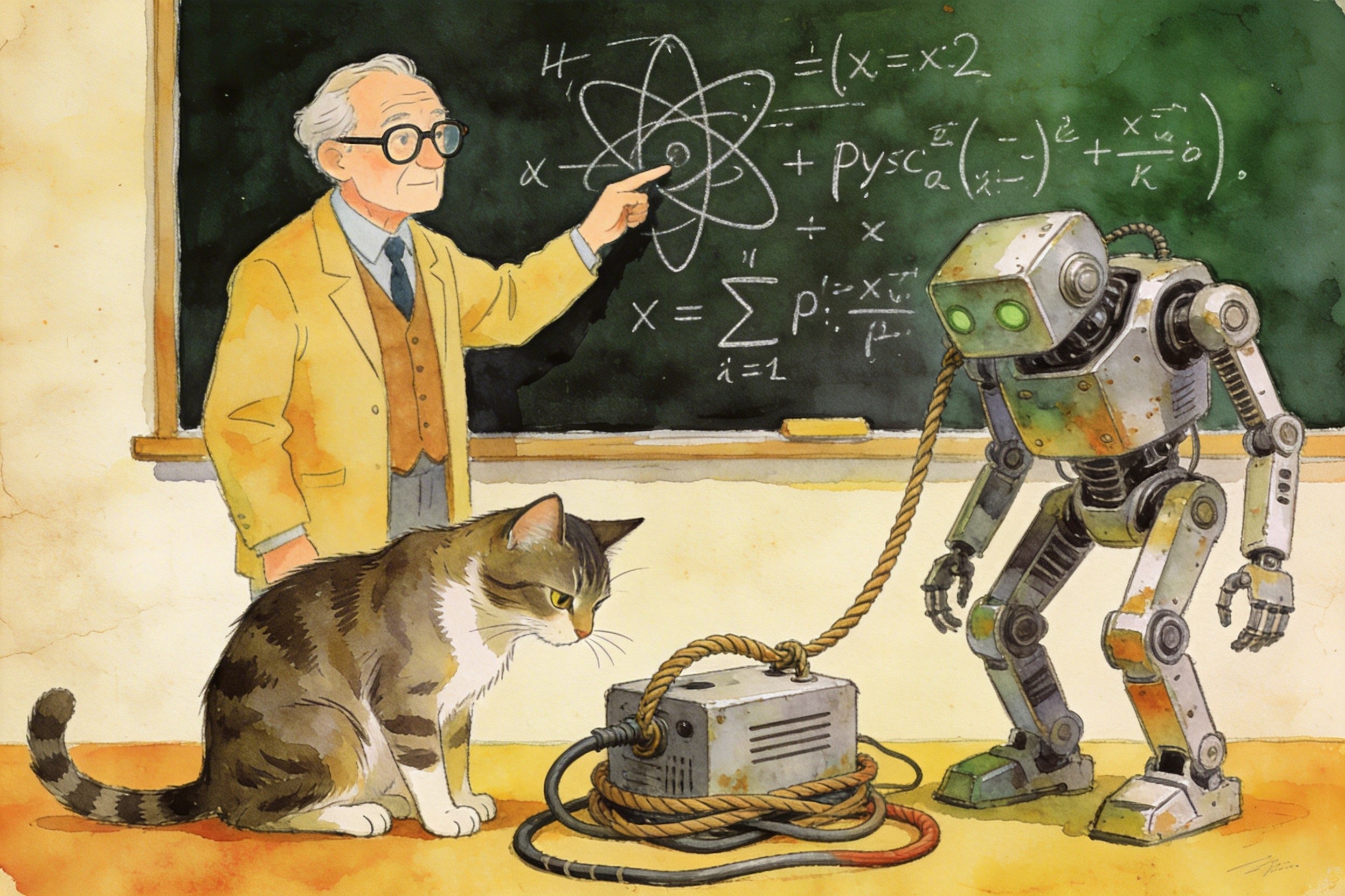 一位戴眼镜的教授正在黑板前指着复杂的物理公式，旁边一只高傲的猫正低头看着一台被电缆拴着的笨拙机器人，羊皮纸，钢笔彩色手绘的统一风格。