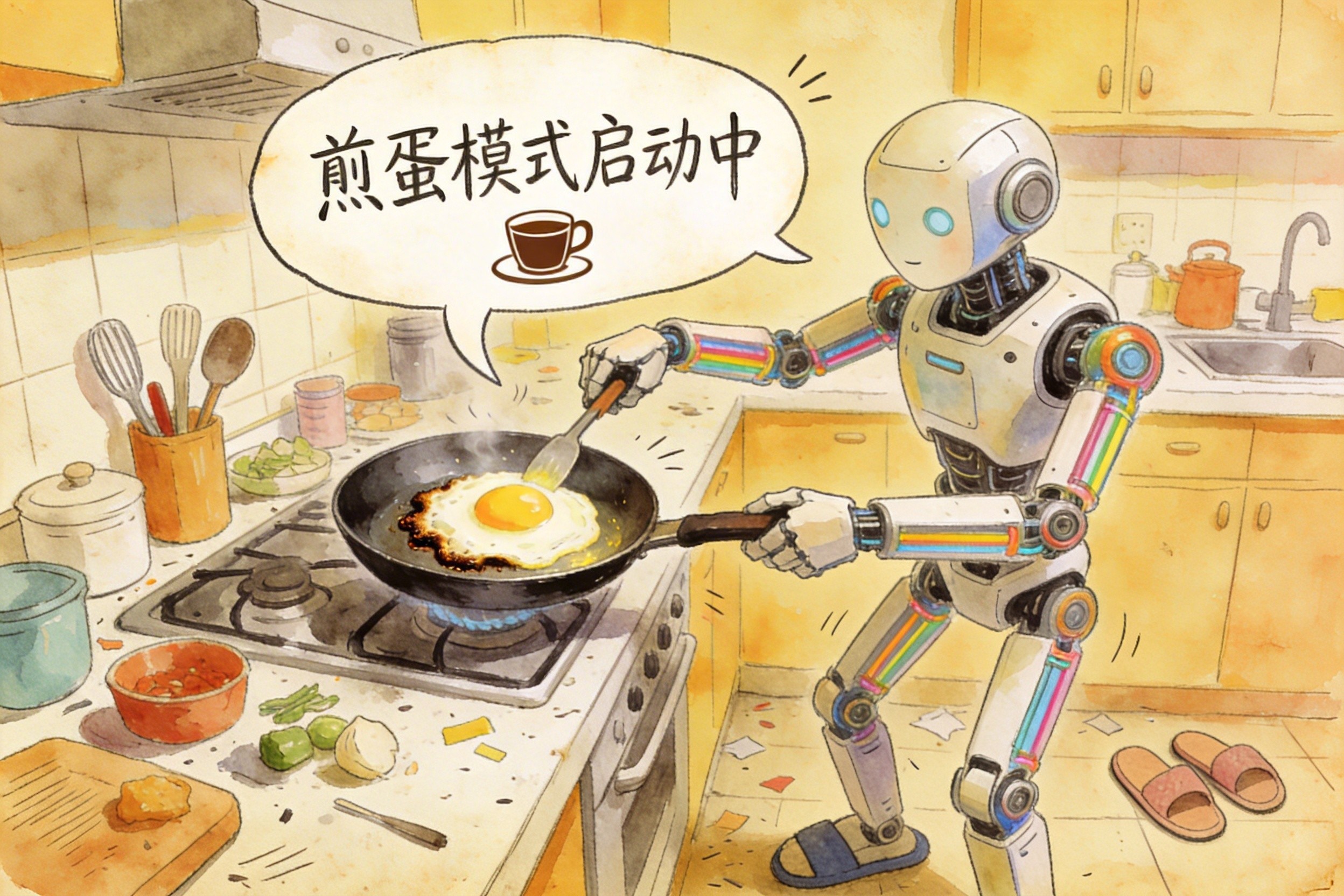 一台家用机器人在凌乱的温馨家庭厨房里，手忙脚乱地尝试用平底锅煎鸡蛋，旁边飘着一个包含咖啡杯图标的巨大语音指令气泡，羊皮纸，钢笔彩色手绘的统一风格。