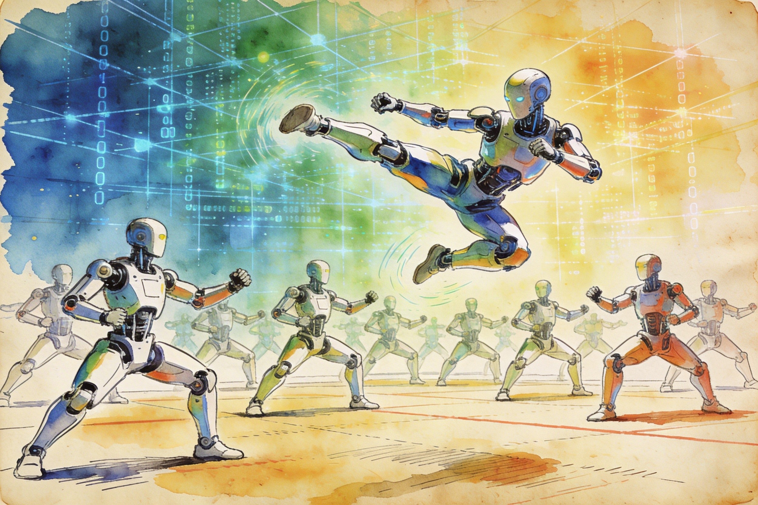一台身手敏捷的机器人在半空中翻腾，周围有多台机器人排成整齐的武术队形，背景是交织的虚拟数字网格，羊皮纸，钢笔彩色手绘的统一风格。