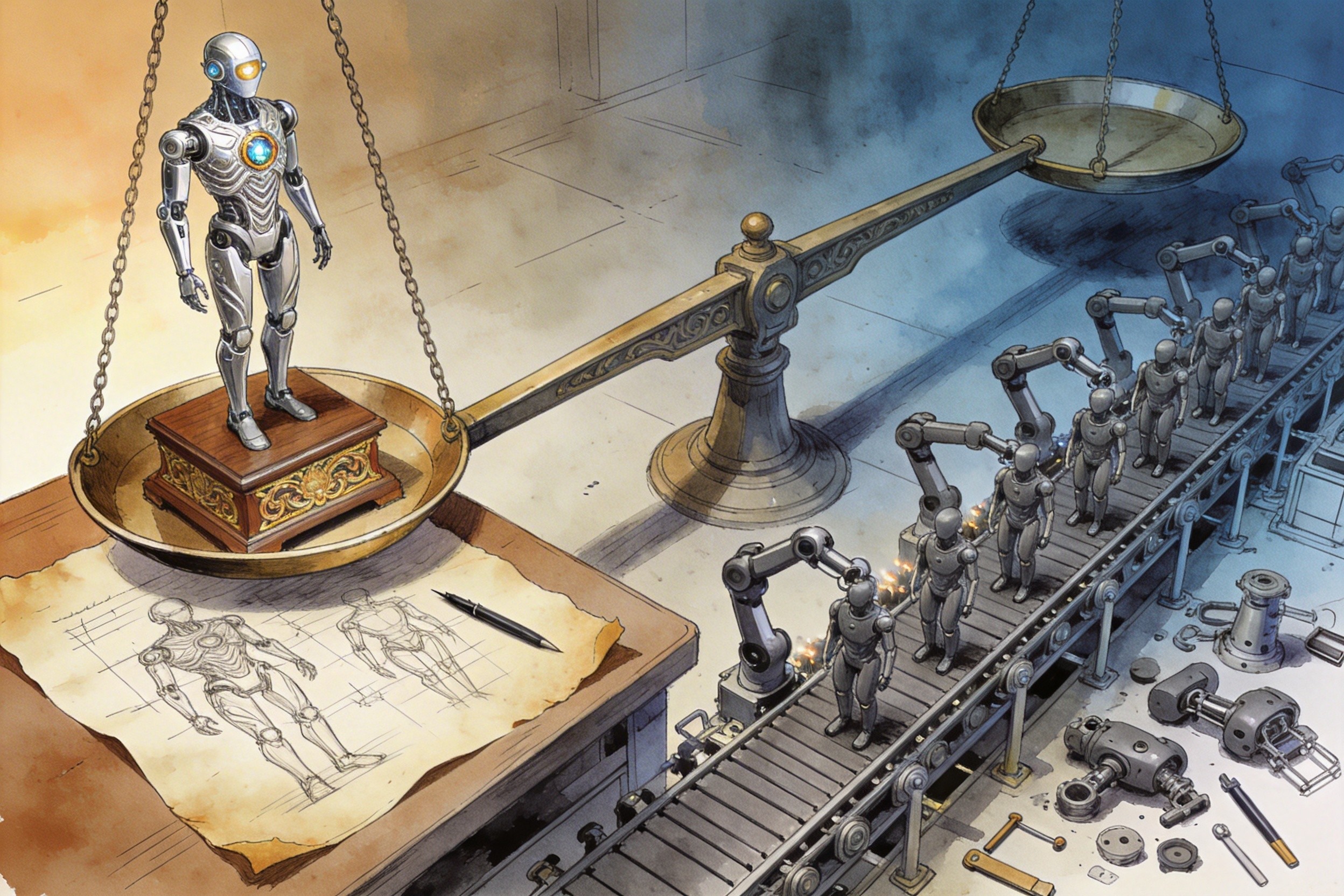 巨大的天平两边，一边是单独站立在奢华展台上的昂贵概念机器人，另一边是源源不断从流水线上走出的量产机器人，羊皮纸，钢笔彩色手绘的统一风格。