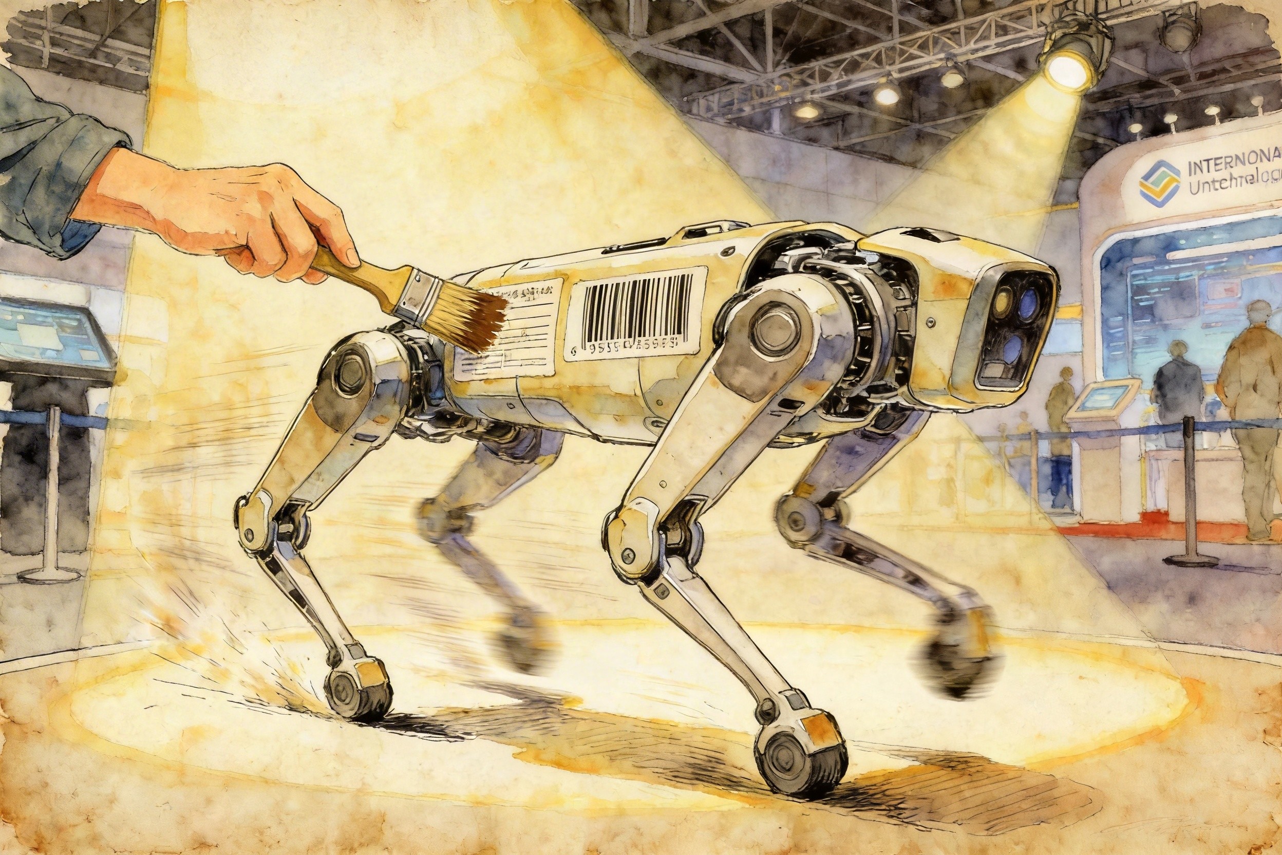 一只带有清晰条形码的四足机械狗在国际科技展会的聚光灯下奔跑，旁边有人正试图用刷子涂抹掉它身上的原始生产标签，羊皮纸，钢笔彩色手绘的统一风格。