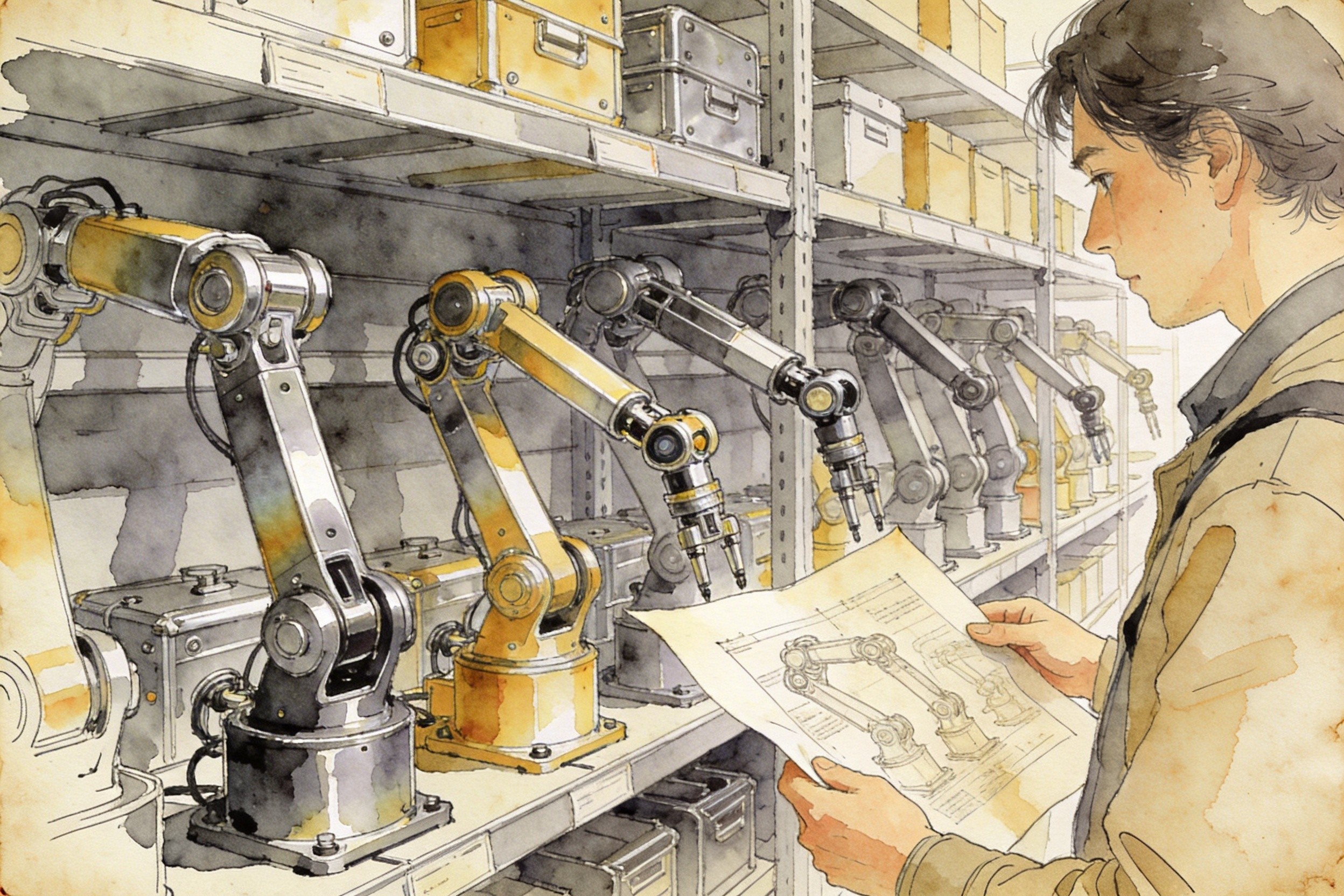 一个充满未来感与工业风的机器人样品展示间，货架上整齐摆放着各种机械臂、关节和金属外壳，顾客正拿着图纸在挑选，羊皮纸，钢笔彩色手绘的统一风格。