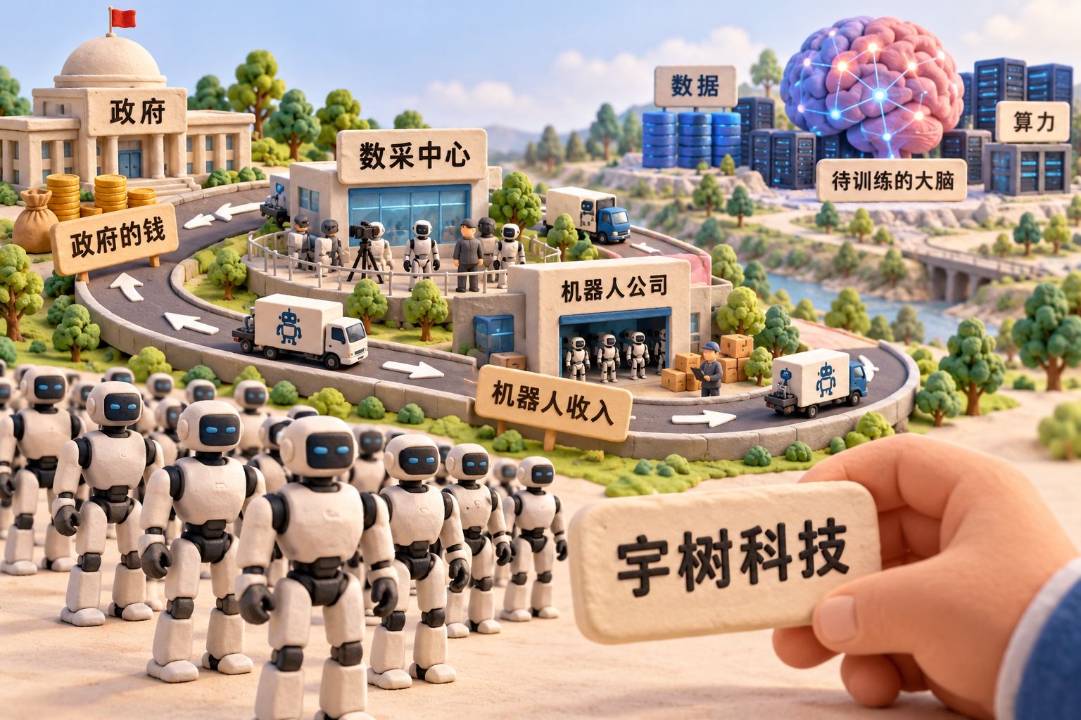 封面:立体橡皮泥微缩场景里,一排人形机器人站在前景,左侧政府出资的数采中心与机器人公司形成一条回环的道路,右侧远处是待训练的大脑模型与算力设备;以视觉动线表现“机器人卖给自己人”与“真正难的大脑”之间的落差,不把判断画成已证实的全行业事实