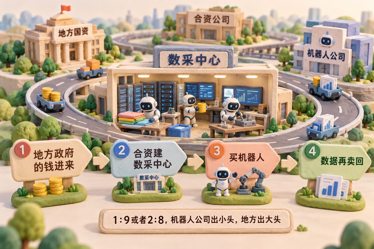 立体橡皮泥微缩的数采中心内部,手捏机器人反复做叠衣服、抓杯子、拧螺丝动作,楼外的地方国资、合资公司、机器人公司由环形道路连接,沿路有资金与数据的小推车;把正文描述的四步流程做成空间关系,不将“循环生意”画为全部企业的确定事实