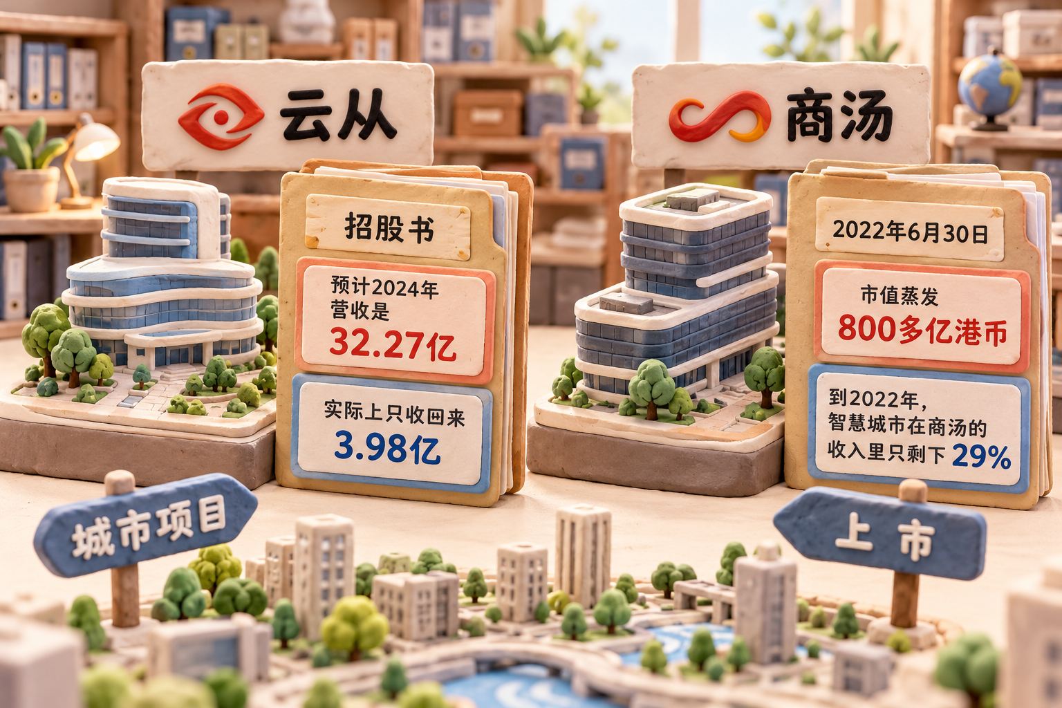 立体橡皮泥微缩档案室里,云从与商汤各有一座不同形状的商业项目模型和独立的文件夹,旁边摆着城市项目与上市的泥塑路标;保留收入“预计”和“实际”之别,用空间间隔呈现不同比较口径