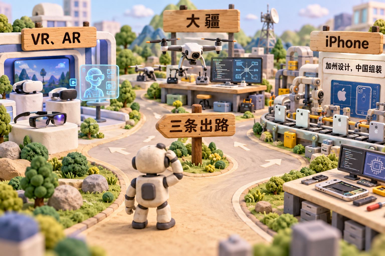 三岔路口的立体橡皮泥微缩场景:一路摆放VR、AR设备模型,一路是大疆无人机与算法工作台,一路是iPhone组装线与底层技术工作台;主角是一只手捏机器人,停在路口,三条路保持开放,不画成已经发生的结局
