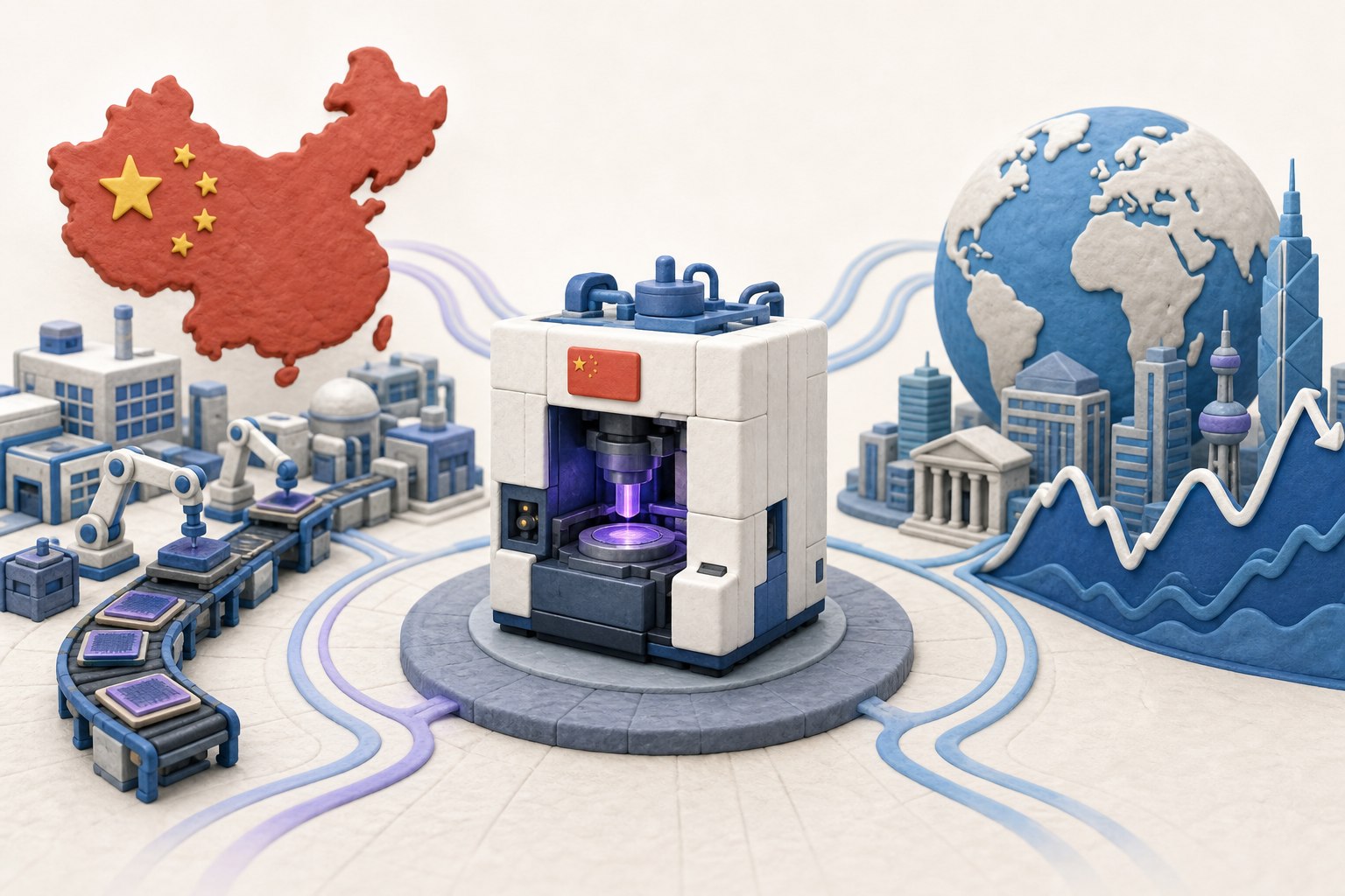封面构图,国产浸没式光刻机置于晶圆厂中央,远处连接中国芯片产线与全球资本市场波动曲线,画面不显示具体数字、日期、比例或排名;不补充其他数字、日期、比例、排名或因果关系。浅色背景的商业评论版橡皮泥平面信息图的统一风格。