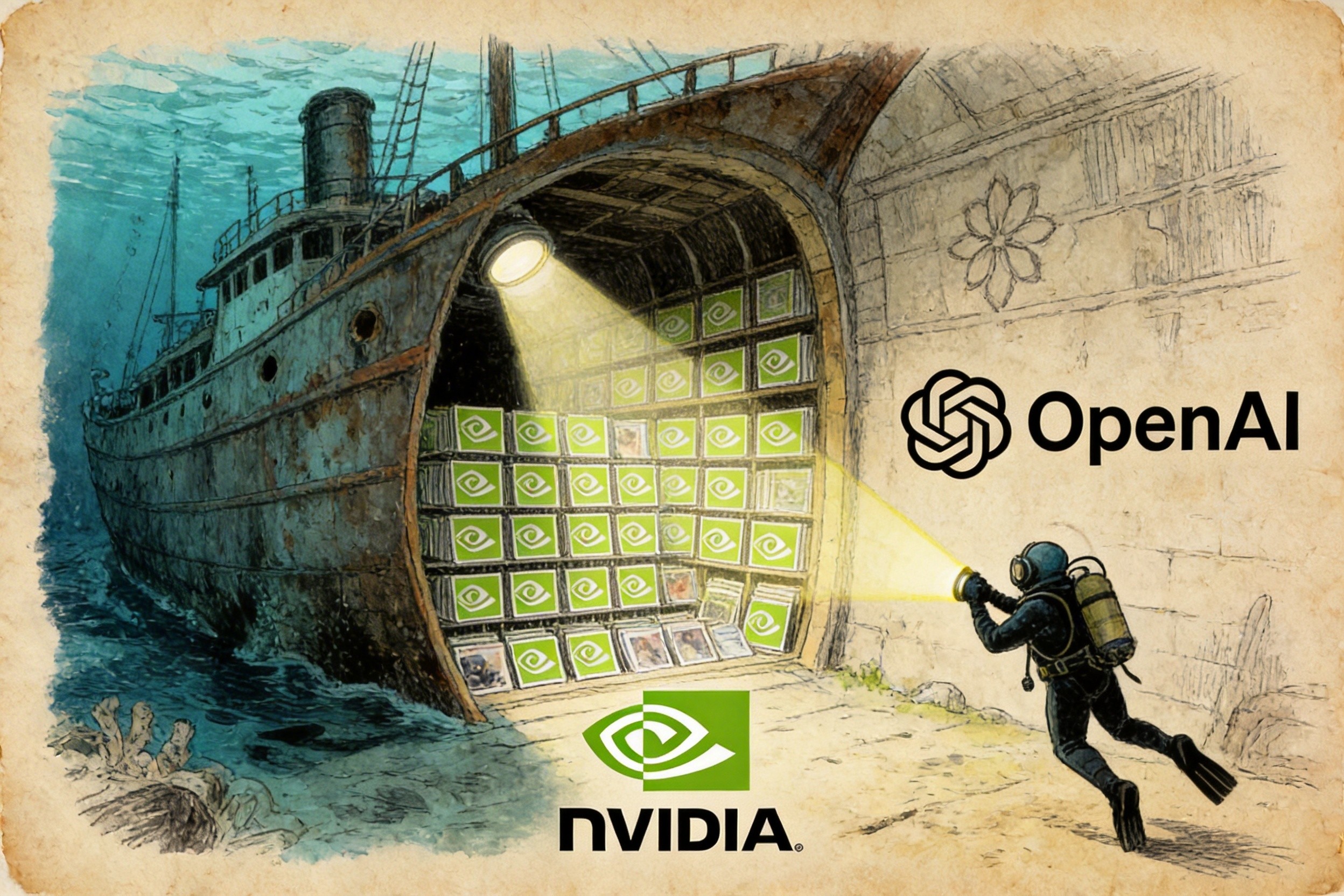 一个深海潜水员手持发光的探照灯，照亮了海底巨大的沉船，沉船上散落着英伟达显卡和OpenAI的标志，羊皮纸，钢笔彩色手绘的统一风格。