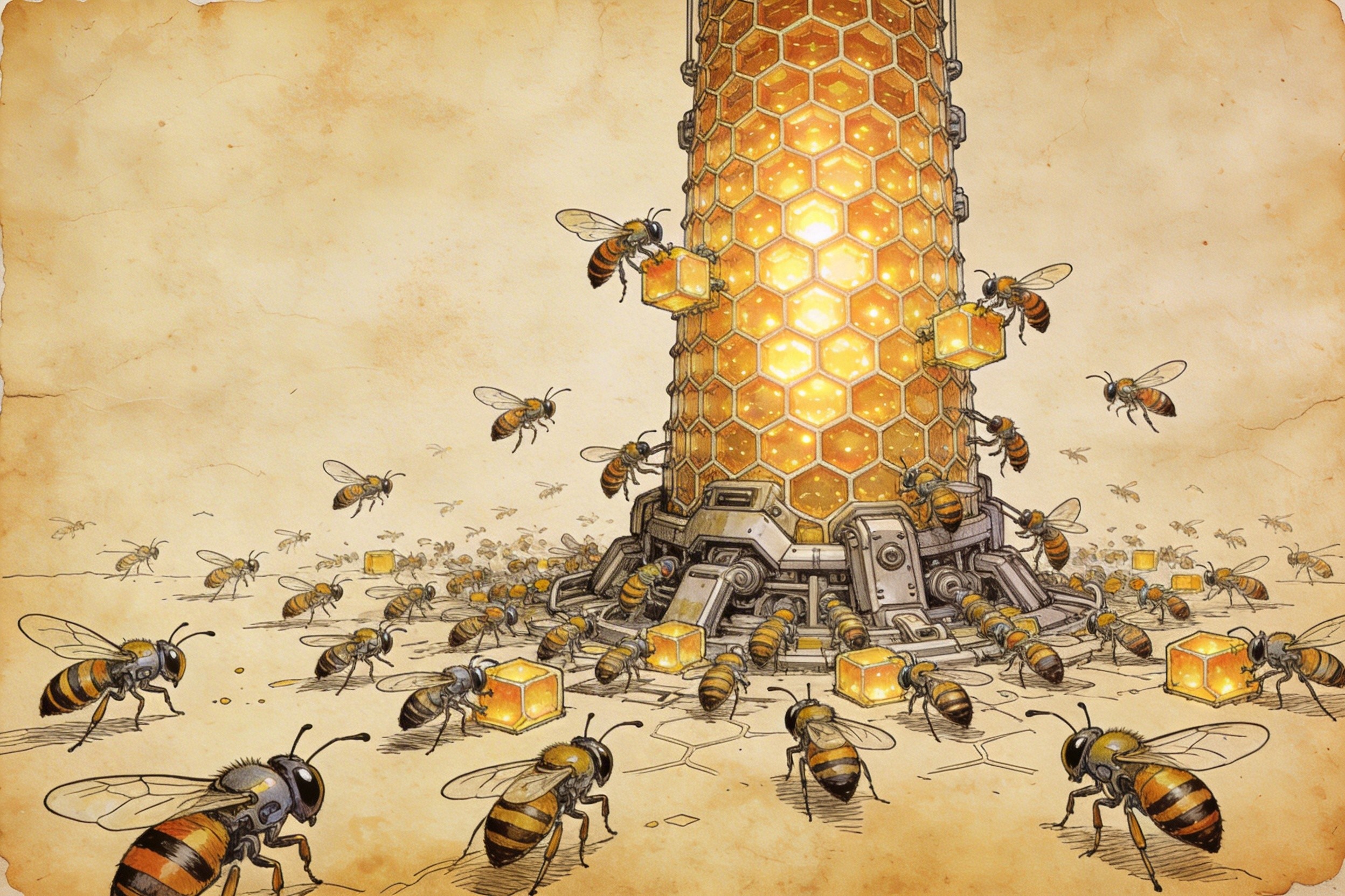 一个精密的机械蜂巢结构，无数只微型机械蜜蜂正在协同工作构建一座高塔，象征Kimi的蜂群架构和高效并行，羊皮纸，钢笔彩色手绘的统一风格。