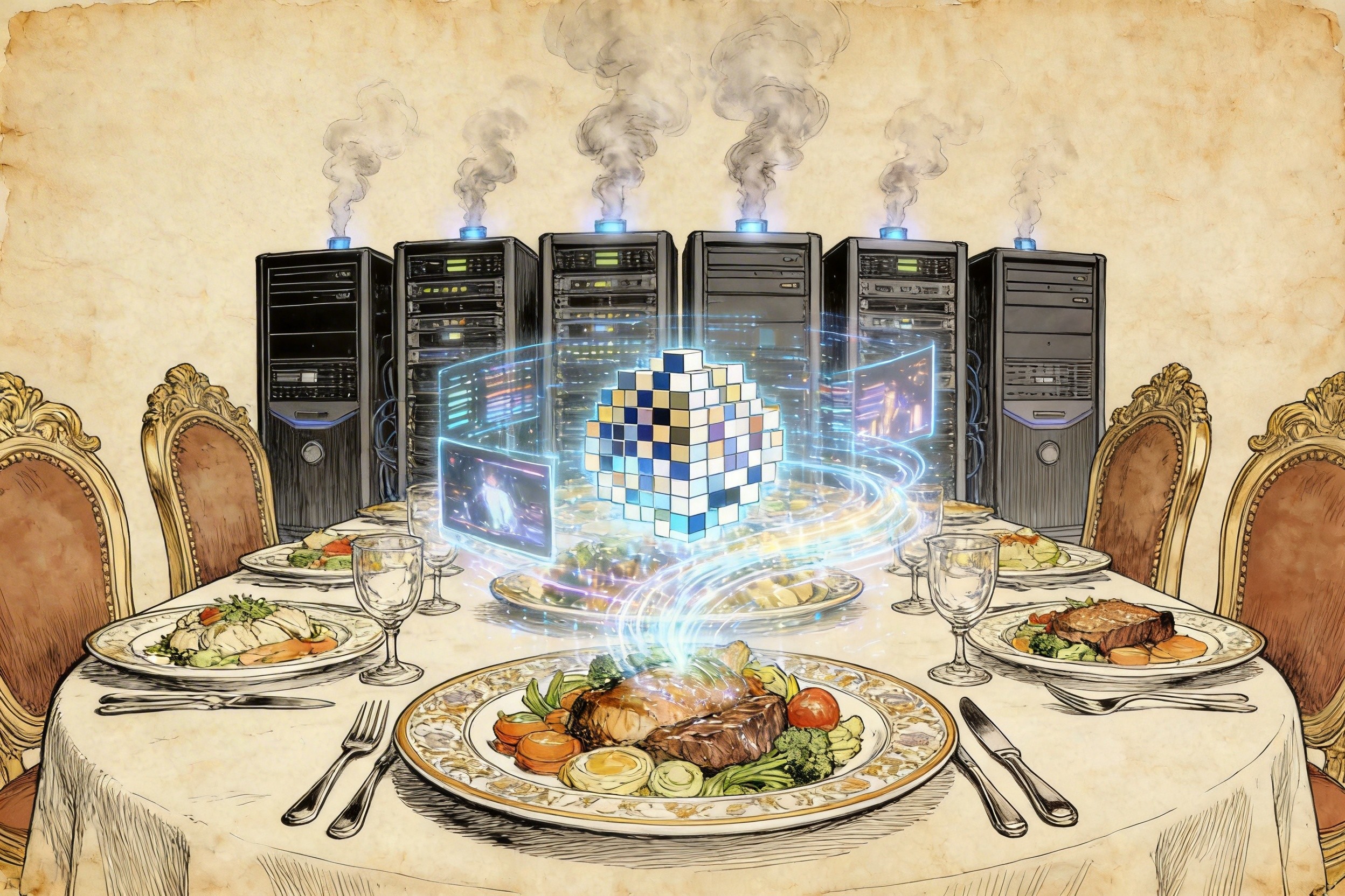 一张豪华的宴会餐桌，盘子里装的不是食物而是全息投影的像素块和流动的视频流，背景是冒着烟的服务器机柜，羊皮纸，钢笔彩色手绘的统一风格。