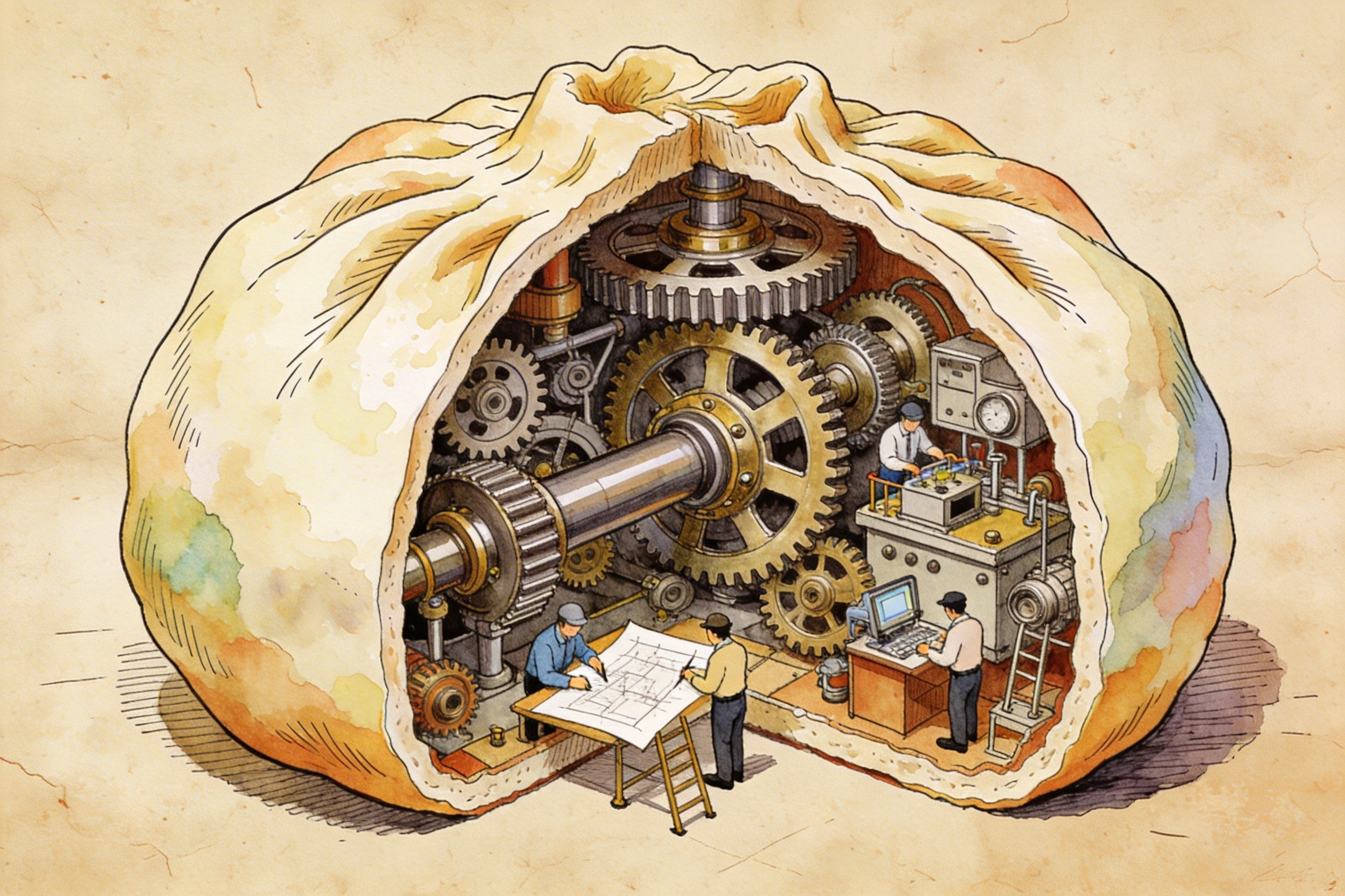 一个巨大的豆包被切开，内部不是馅料而是复杂的齿轮和微缩的专家团队在工作，象征MOE混合专家模型架构，羊皮纸，钢笔彩色手绘的统一风格。