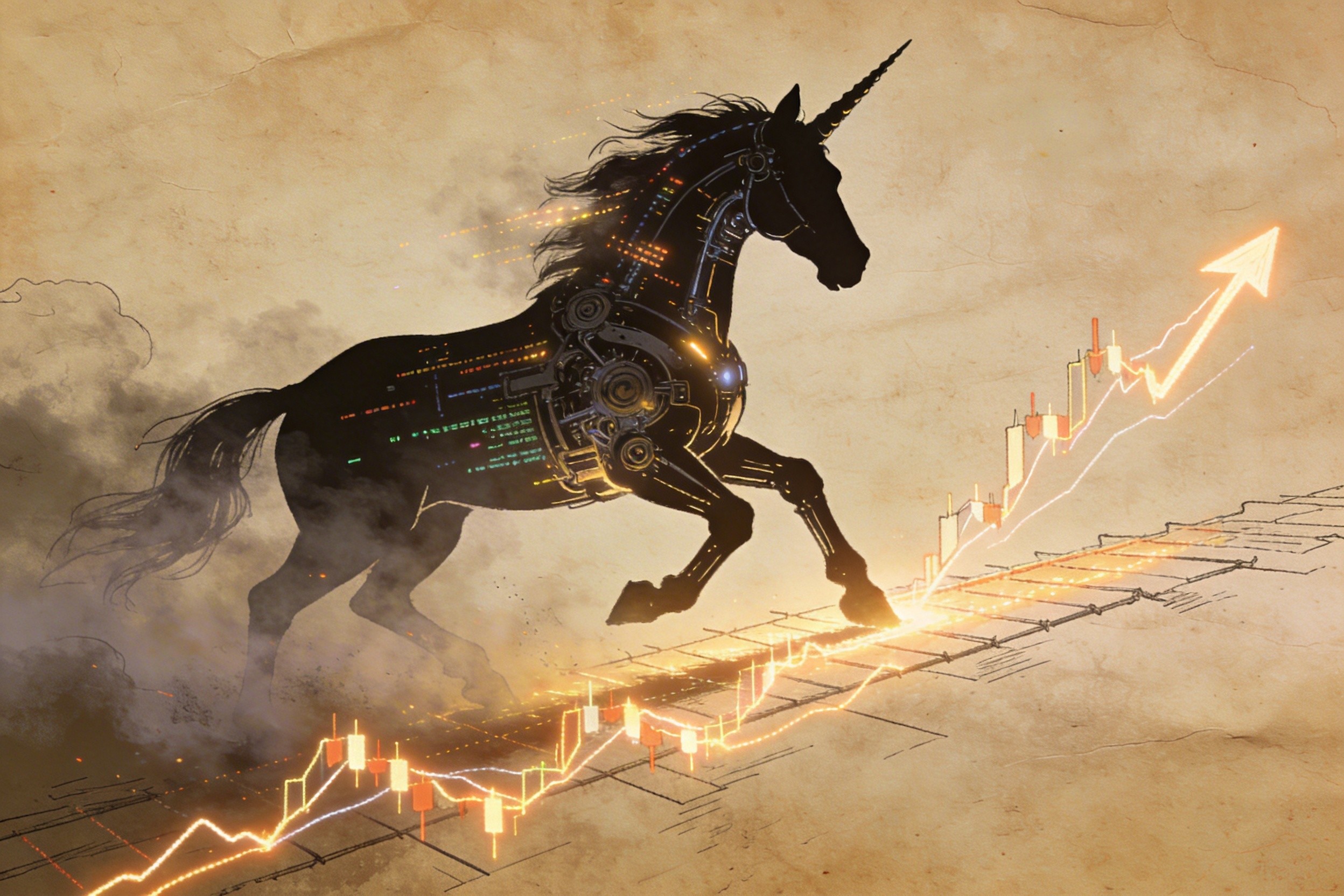 一匹神秘的机械独角兽从迷雾中走出，身上闪烁着代码光芒，马蹄踩在不断上涨的股票K线图上，羊皮纸，钢笔彩色手绘的统一风格。