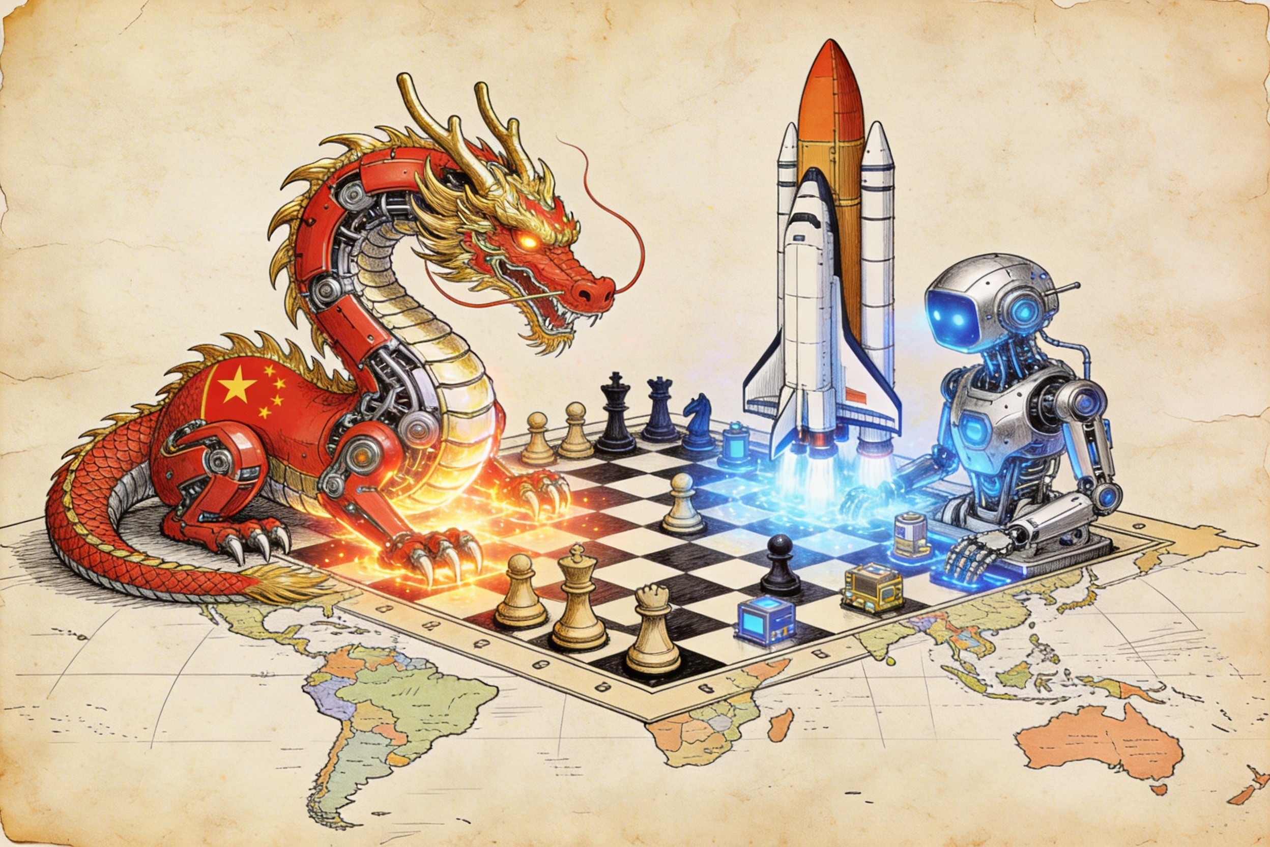 一张巨大的世界地图棋盘，左侧是代表中国科技力量的机械龙，右侧是西方科技巨头的火箭和机器人，双方正在对峙，羊皮纸，钢笔彩色手绘的统一风格。
