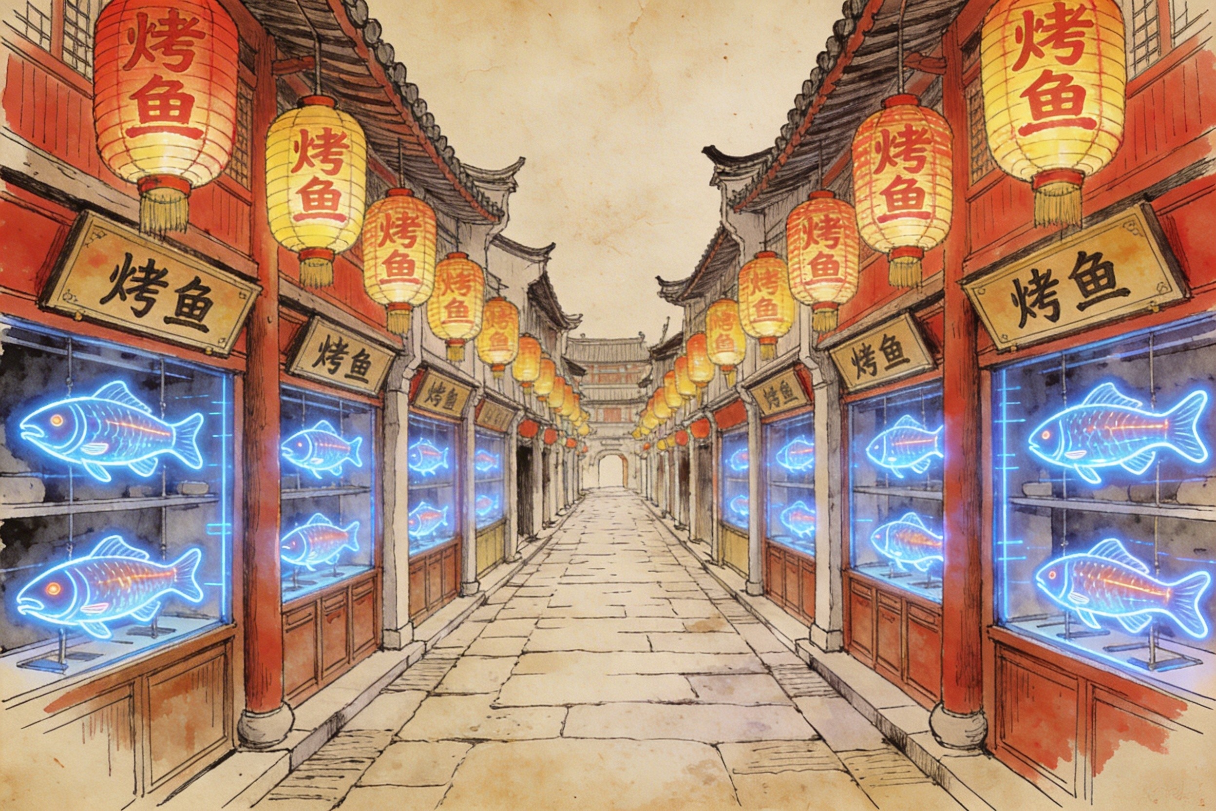 一条古色古香的中国街道，街道两旁挂满了灯笼，所有的店铺都在售卖同一种发光的科技“烤鱼”，象征技术同质化和快速复制，羊皮纸，钢笔彩色手绘的统一风格。