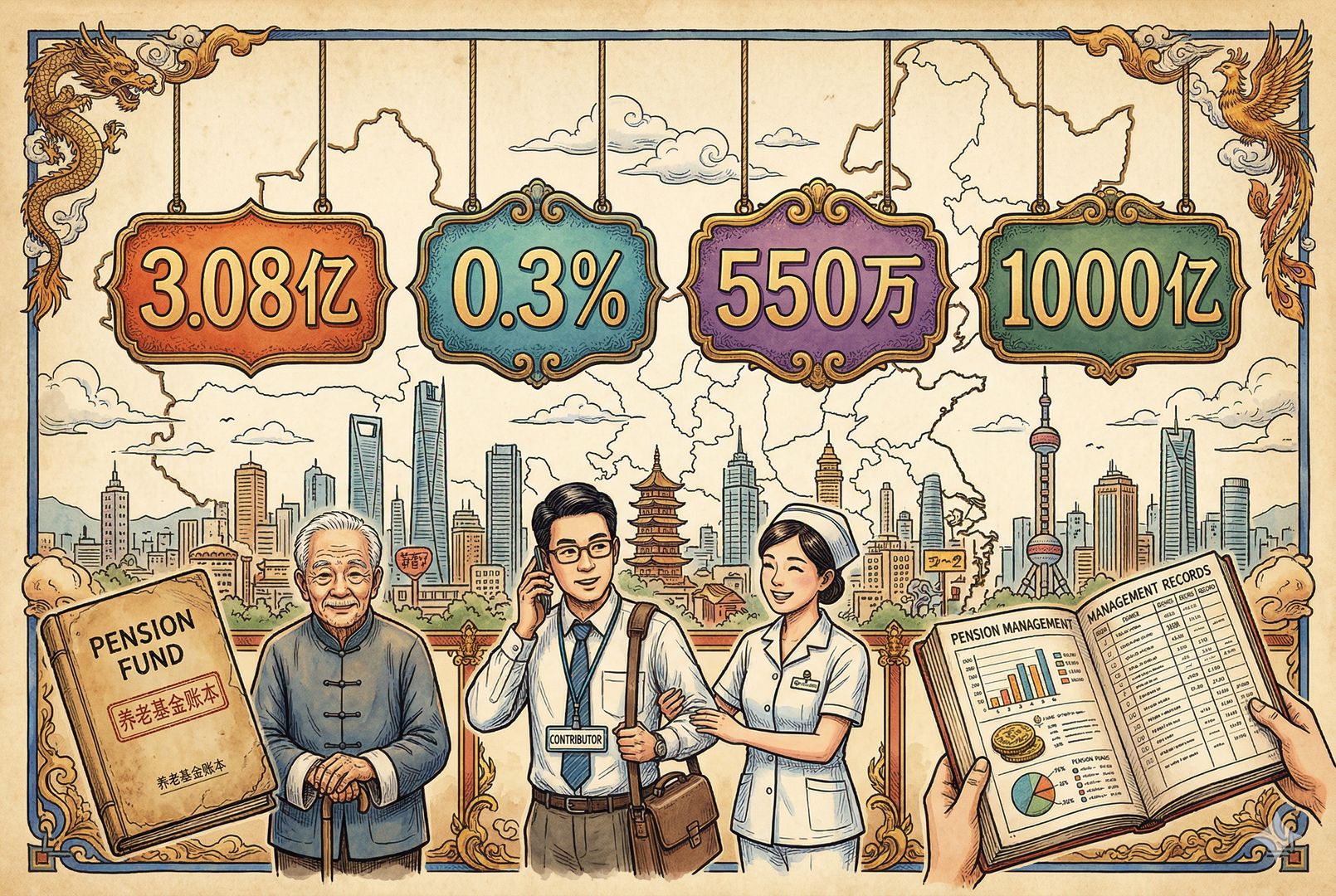 信息图式场景，四个巨大的数字牌悬挂在中国地图与城市剪影前：3.08亿、0.3%、550万、1000亿，前景有老人、上班族、护理员和基金账本形成对照，画面清晰直观，羊皮纸，钢笔彩色手绘的统一风格。