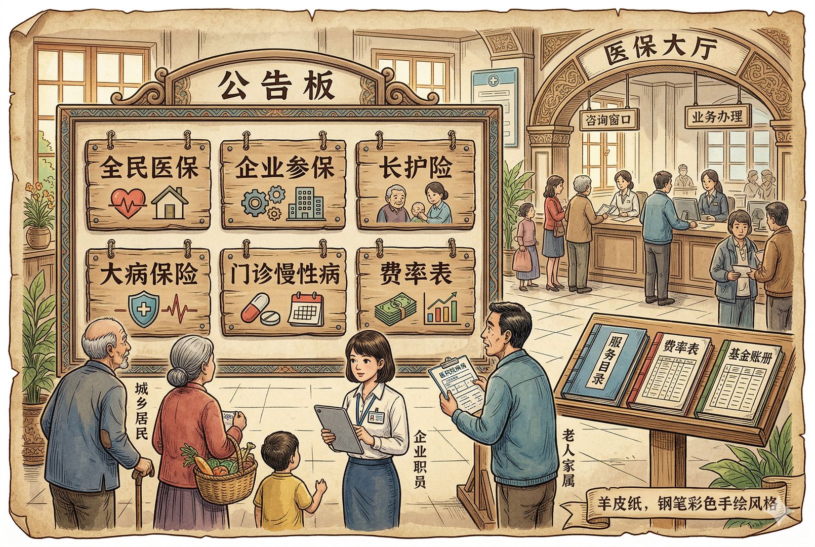 六个政策要点被画成六块木牌钉在公告板上，背景是医保大厅，前面站着城乡居民、企业职员和老人家属，公告板旁摆着服务目录、费率表和基金账册，层次分明，羊皮纸，钢笔彩色手绘的统一风格。